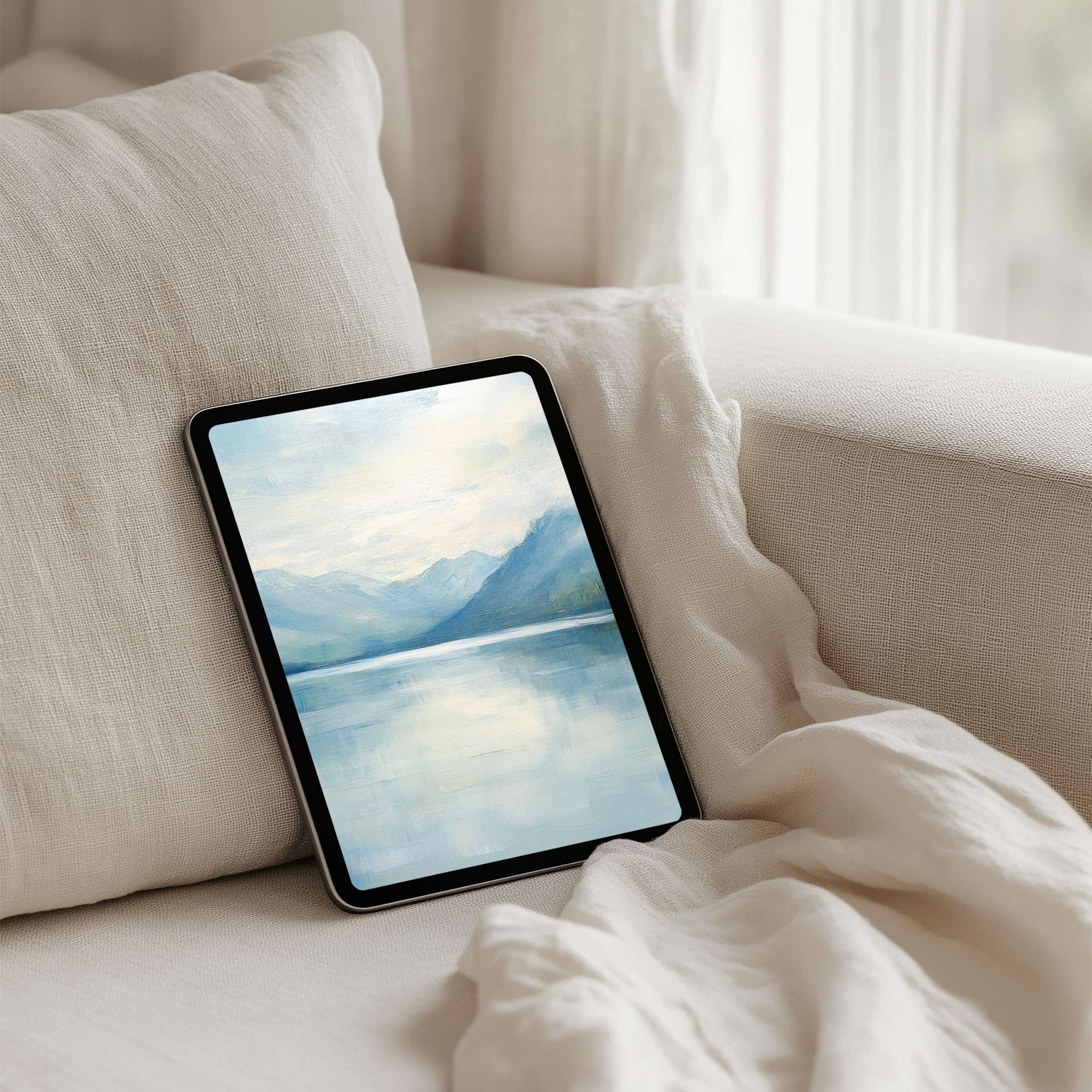 Calming blue watercolor landscape iPad background for instant download on tablets offers elegance and inspiration for peaceful moments
