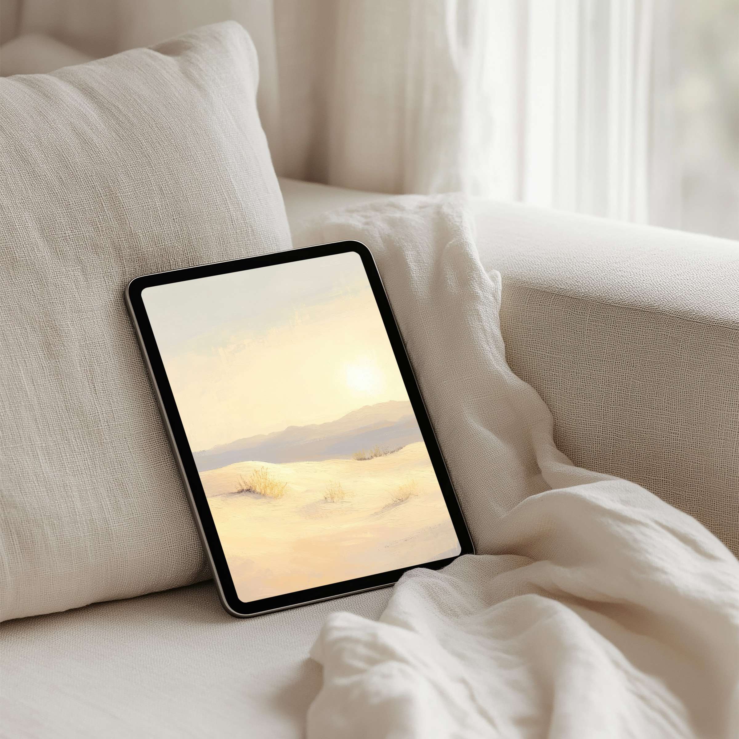 Serene iPad background featuring sunlit desert art for instant download fits any tablet inspiring calm elegance mindfulness