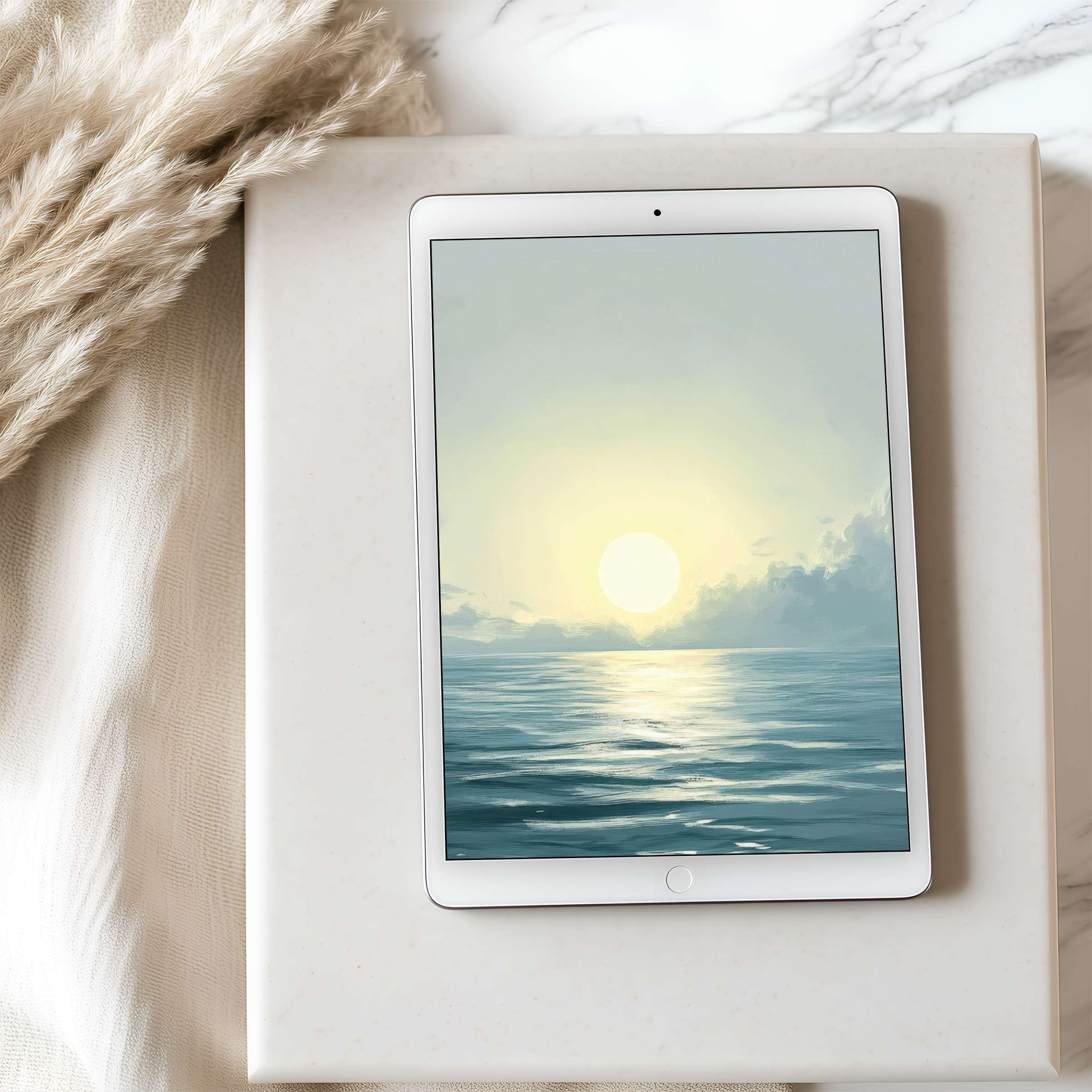 A serene sunset seascape tablet wallpaper set on a sleek iPad offers high resolution elegance for digital download and tranquility