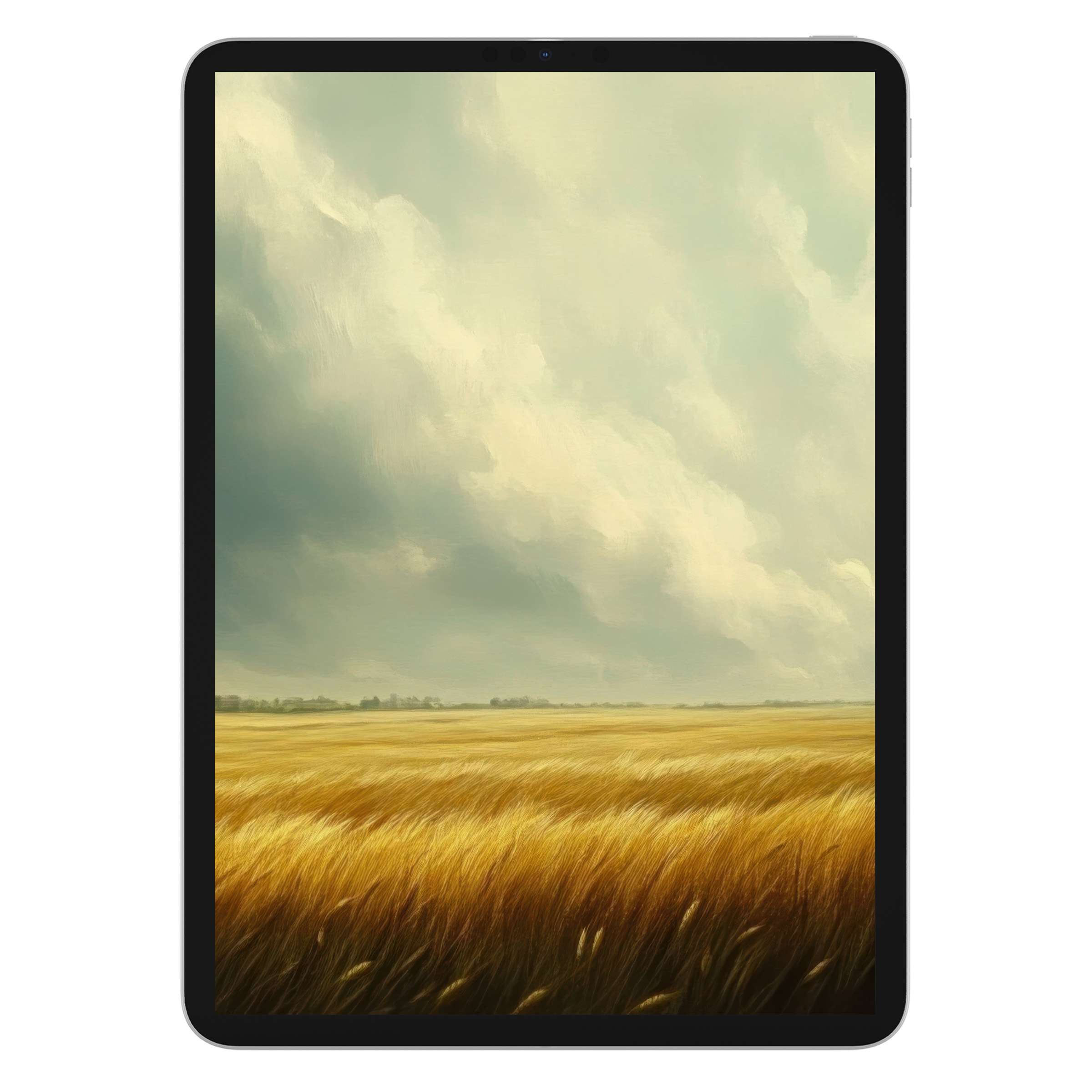 Golden field under serene clouds creates a calming landscape iPad wallpaper for a sustainable digital download, ideal tablet background
