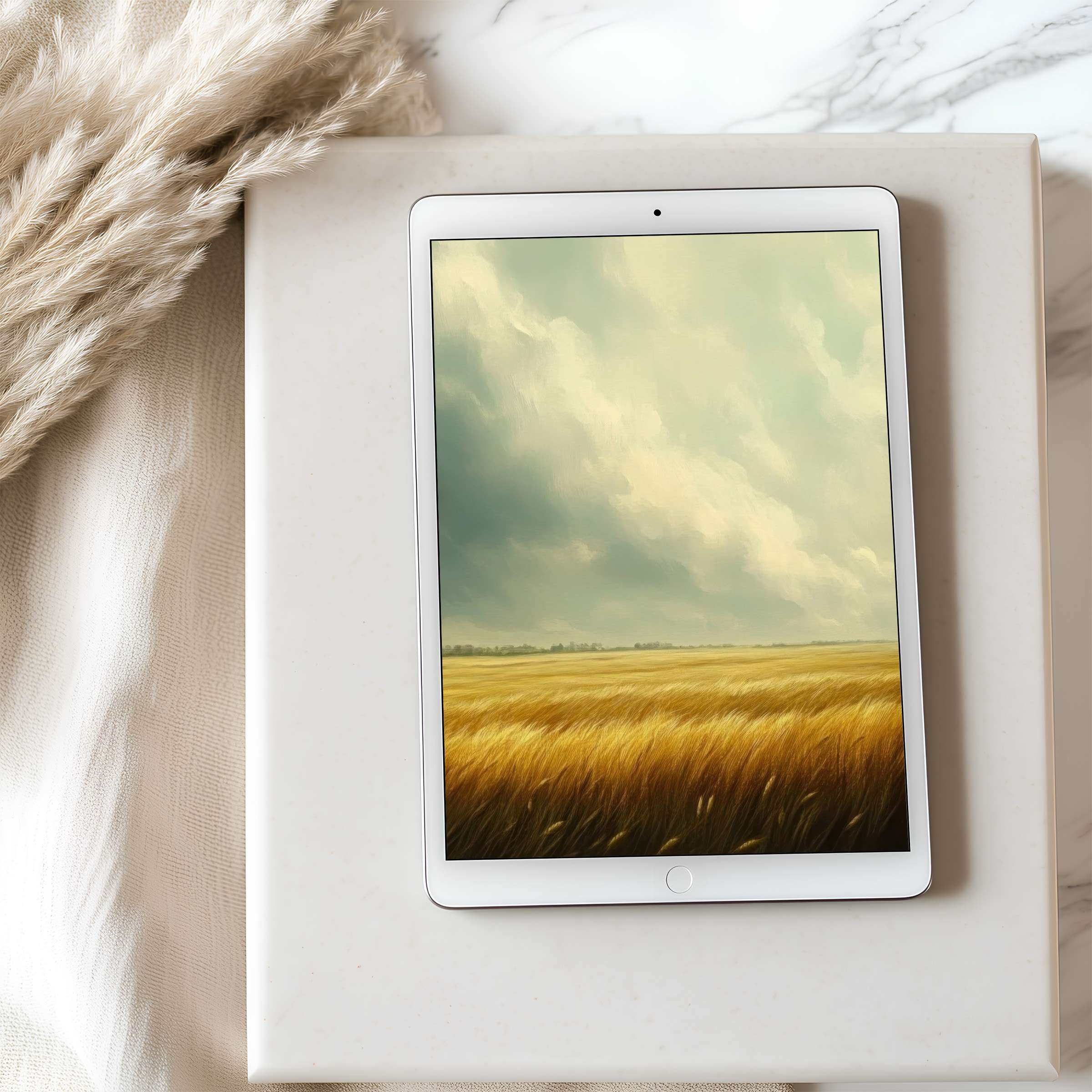 Serene landscape tablet wallpaper featuring golden fields under a soft sky, perfect high-resolution digital download for iPad and Android tablets