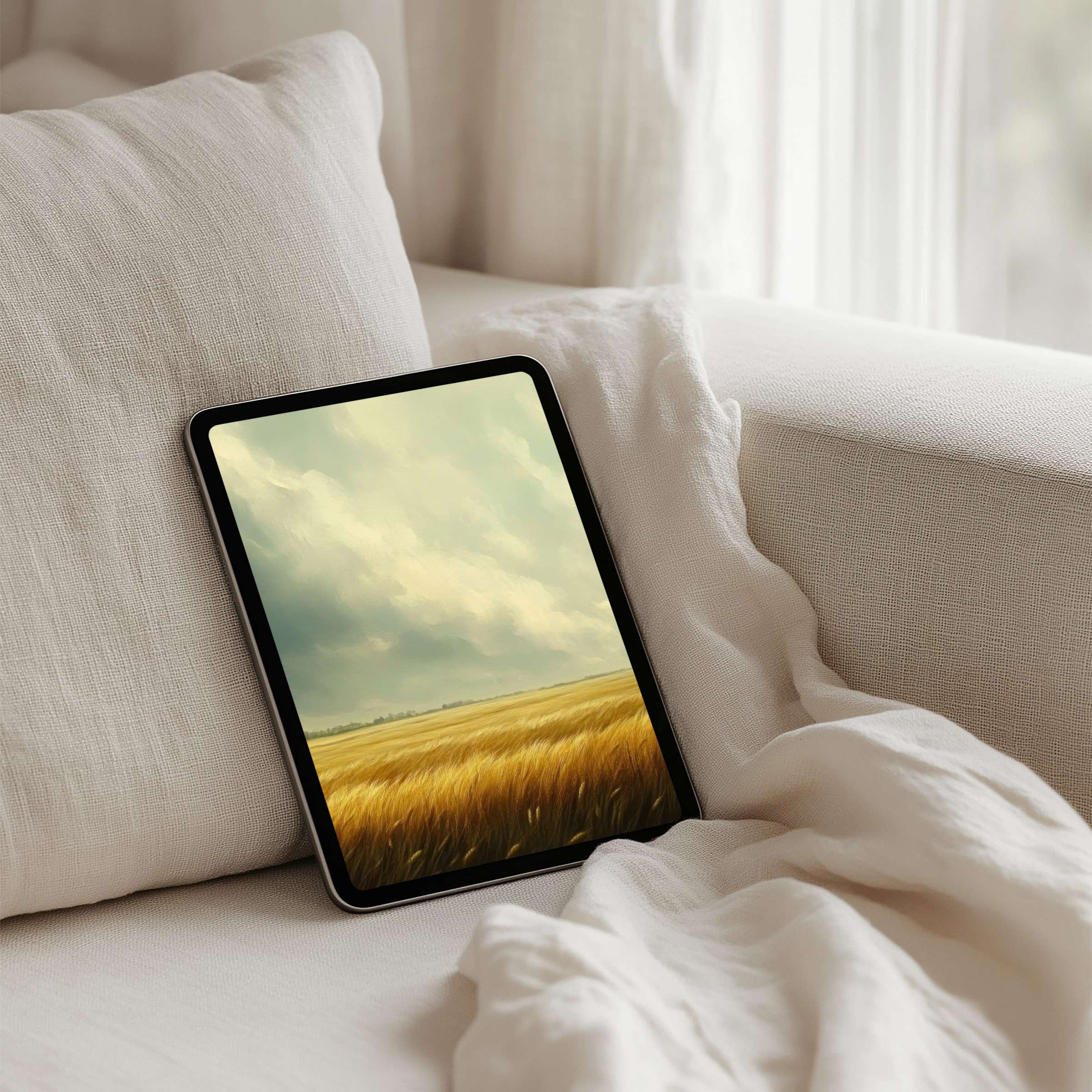 Golden wheat fields under pastel skies create a calming iPad background for instant download, perfect for any tablet