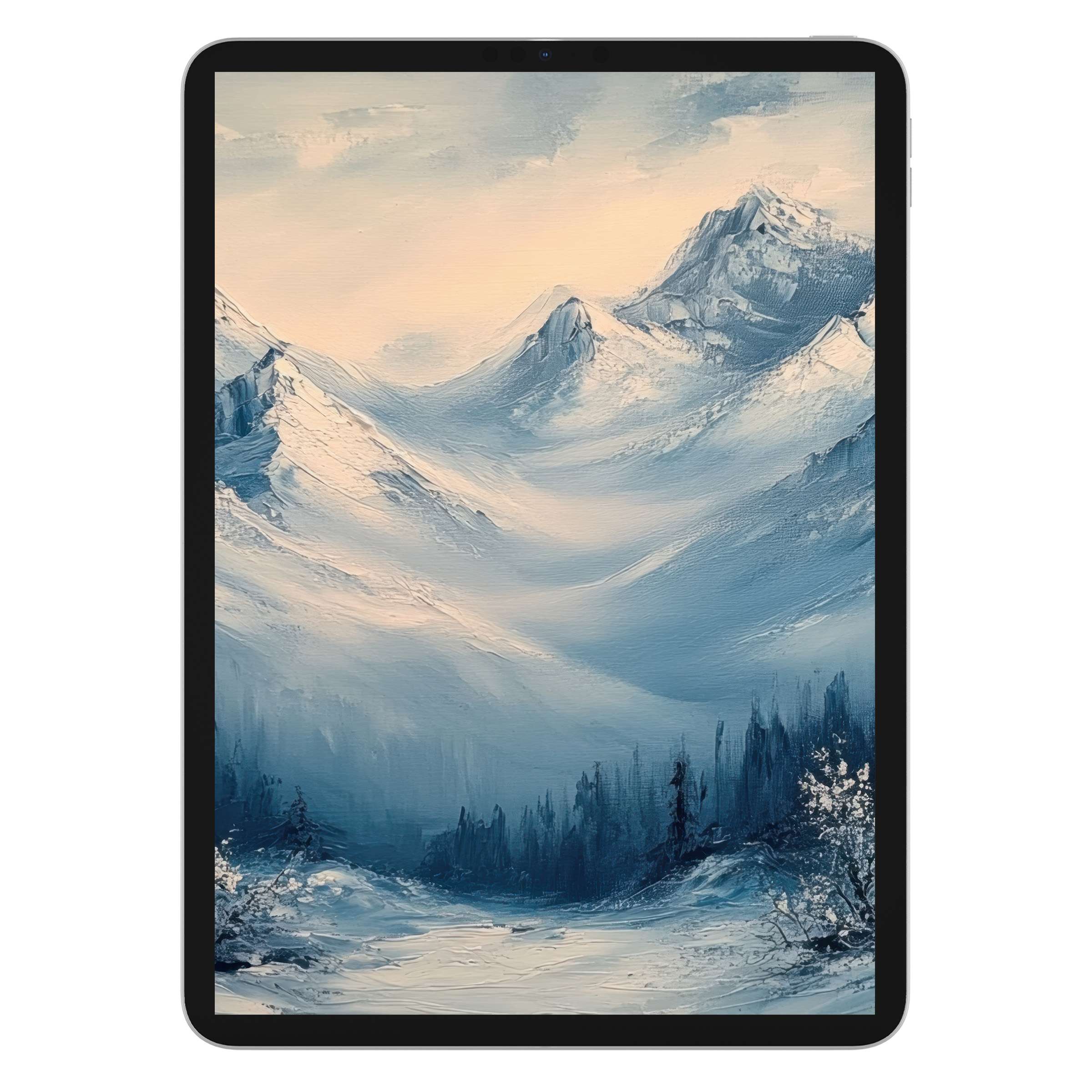 Serene landscape iPad wallpaper with snowy mountains in blue tones, perfect digital download tablet background enhancing tranquility