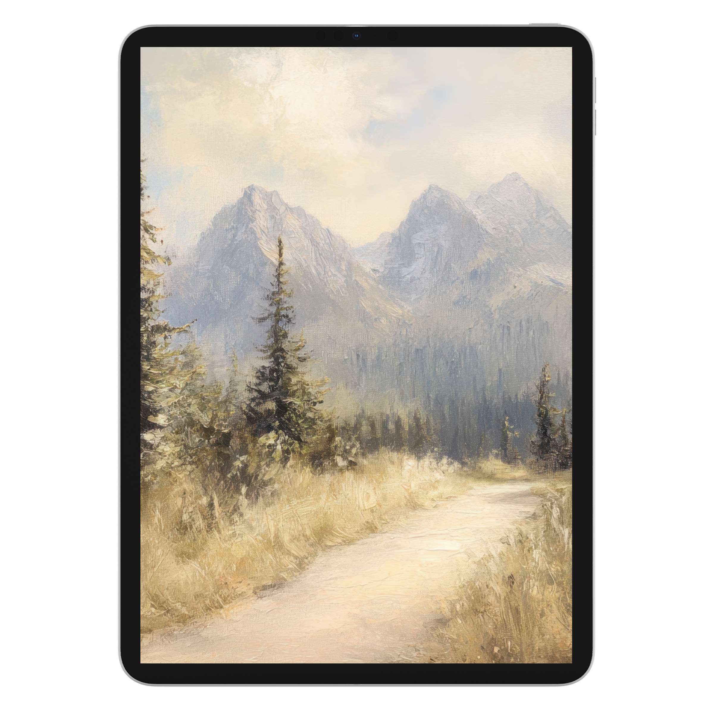Serene mountain landscape iPad wallpaper for digital download, offering a tranquil background for tablets with its soft, natural palette