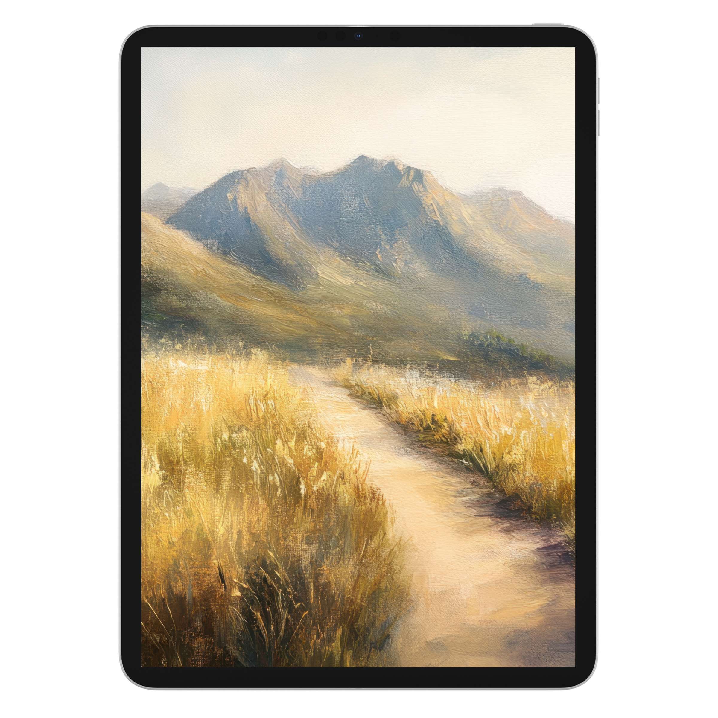 Golden fields and majestic mountains create an inspiring landscape iPad wallpaper digital download for a serene tablet background