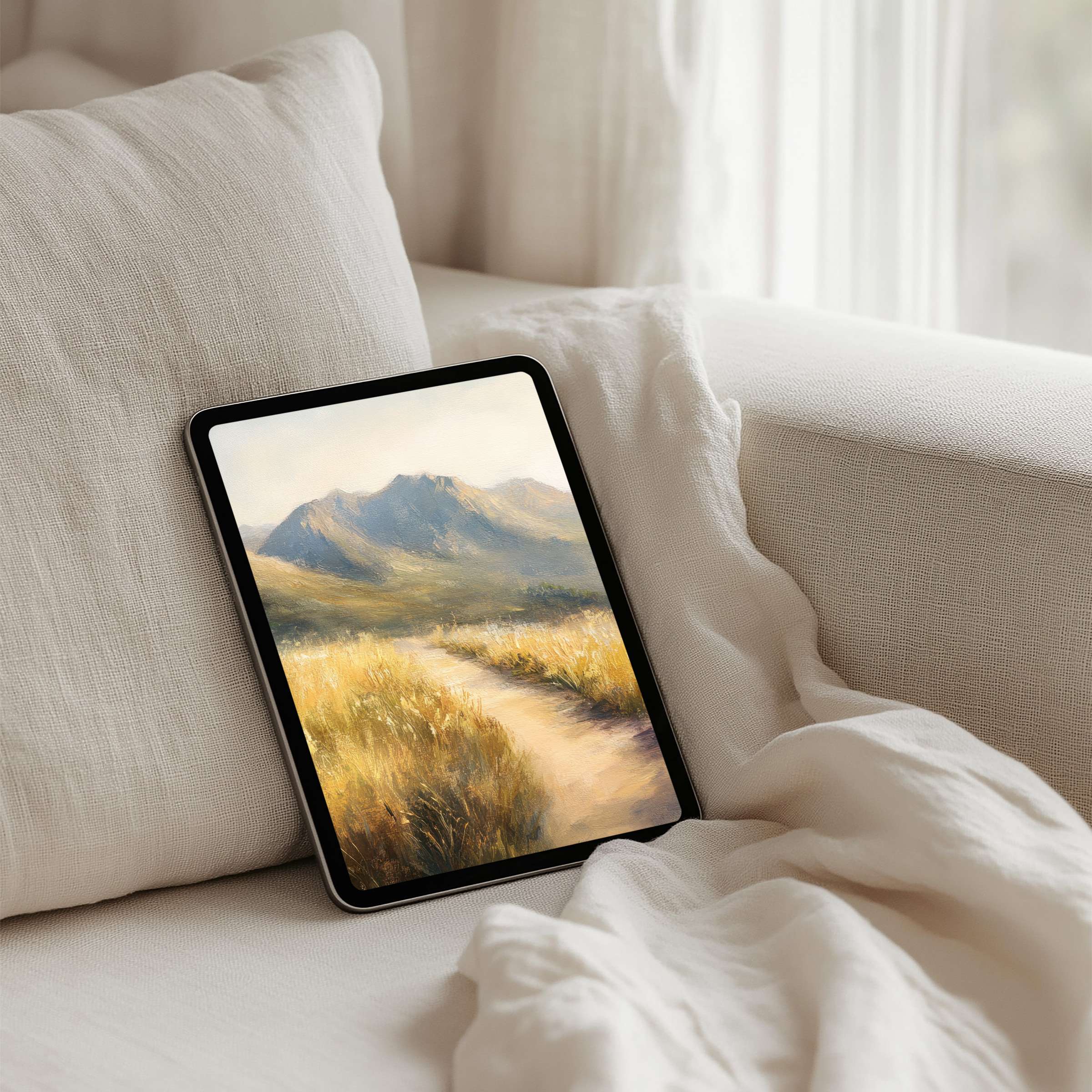 Elegant iPad background with serene mountain path painting perfect for instant download to inspire mindfulness on any tablet