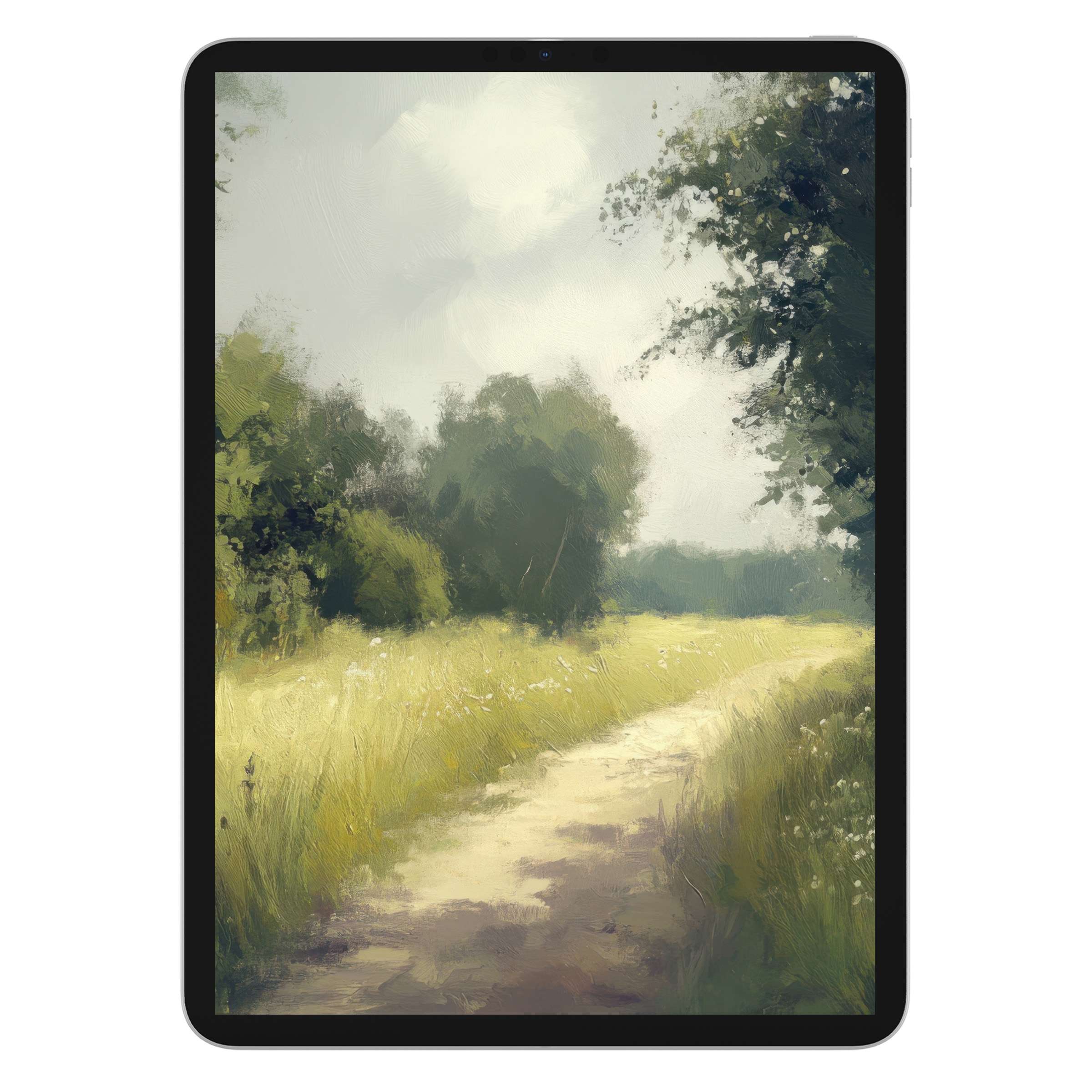 Tranquil landscape iPad wallpaper digital download featuring a serene path through lush grass under a soft sky perfect for tablet background use