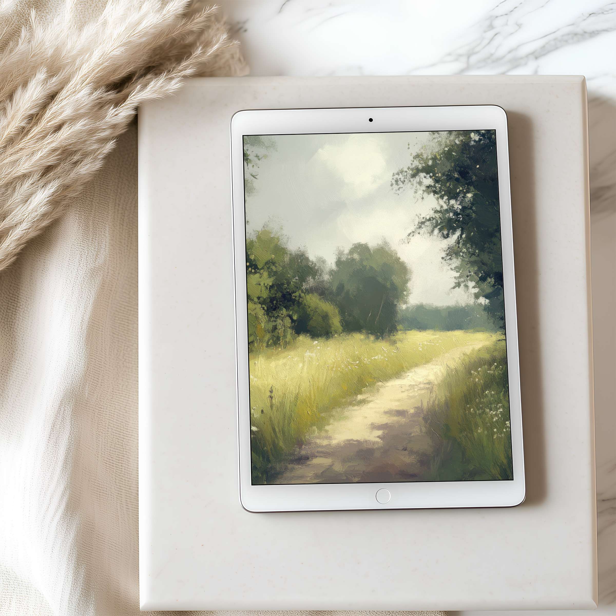 Elegant high-resolution tablet wallpaper featuring serene landscape with lush greenery and a tranquil path ideal for iPad and Android