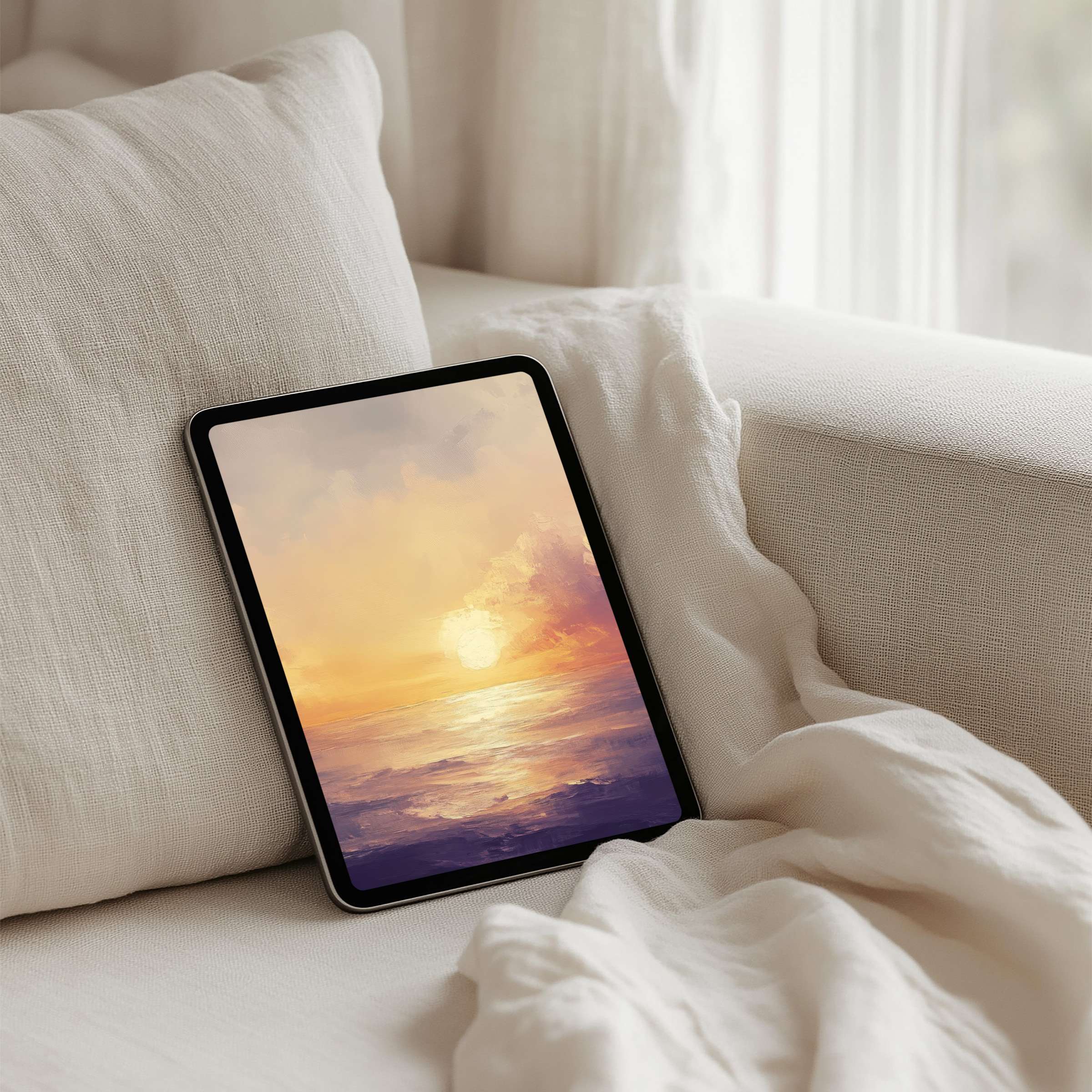 Elegant sunset iPad background on a tablet evokes calm and mindfulness perfect for instant download to enhance digital space