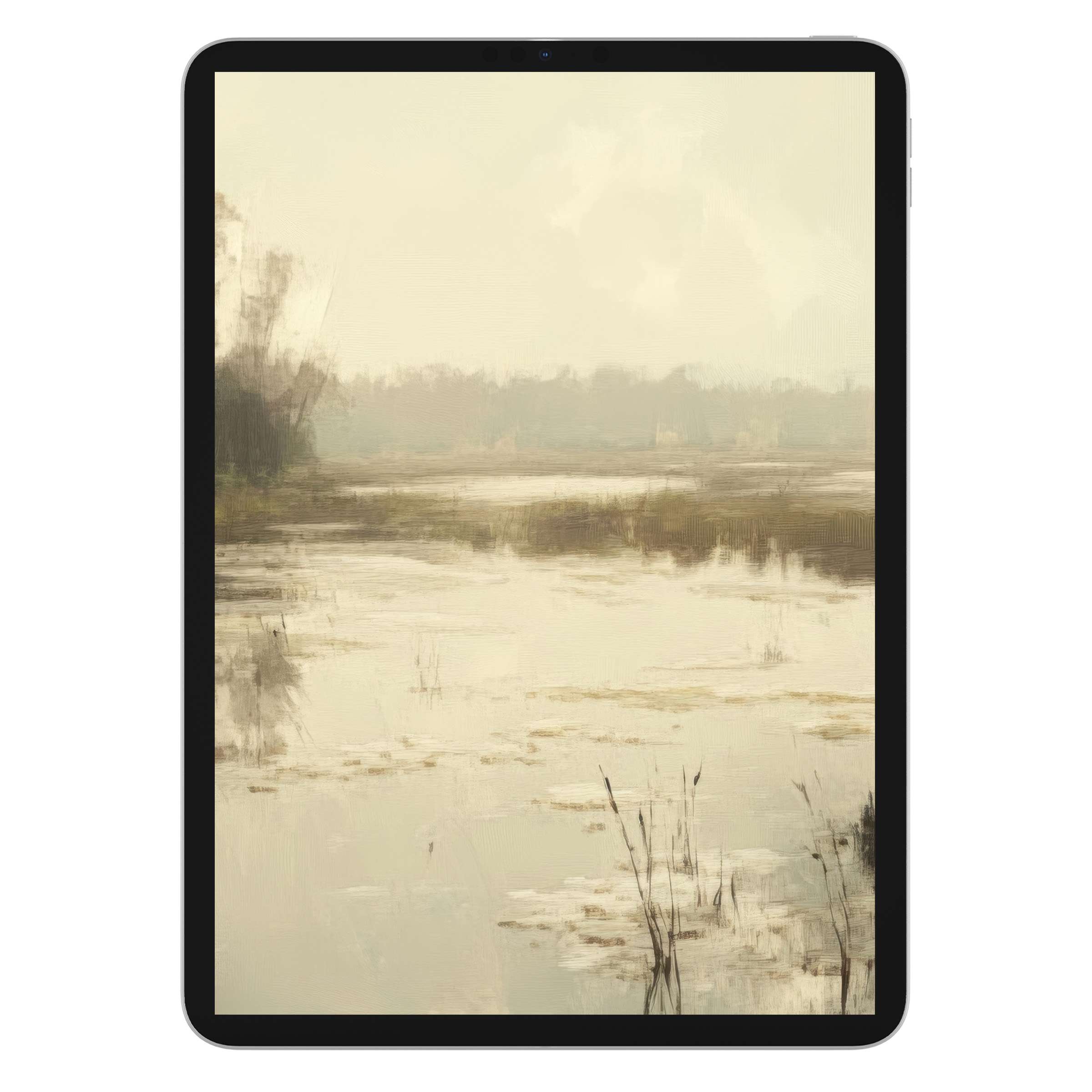 Serene landscape iPad wallpaper features a tranquil misty marsh painting for tablet background, perfect digital download for calm elegance