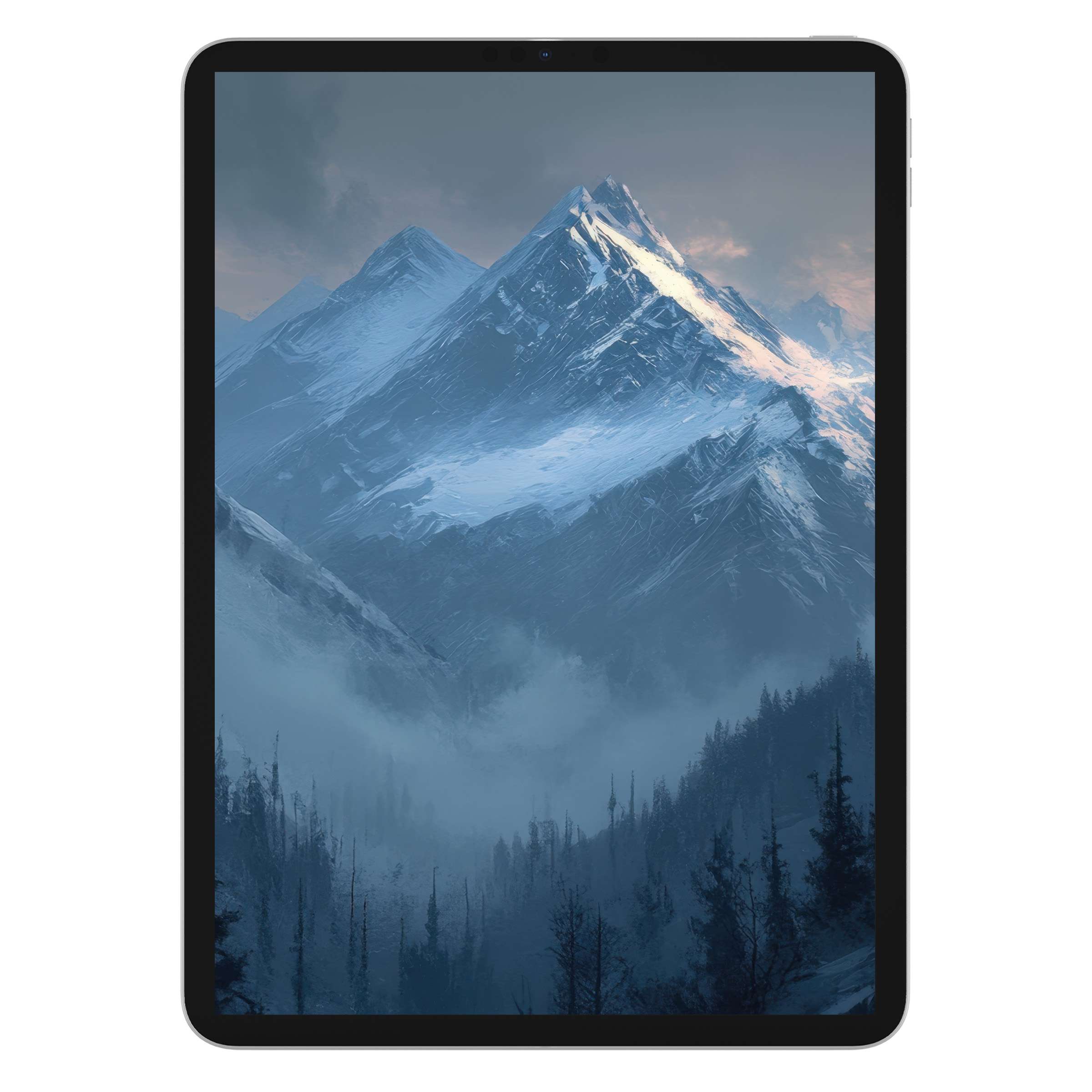 Elegant mountain landscape iPad wallpaper with serene blue tones and misty peaks, perfect digital download for tablet background enthusiasts