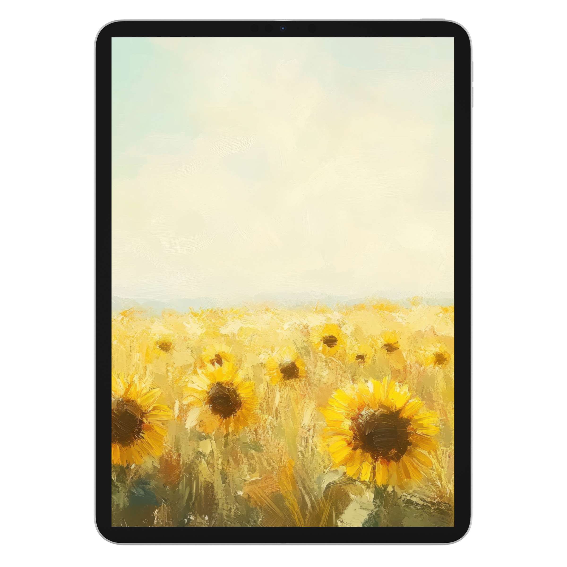 Vibrant sunflower field landscape iPad wallpaper offers serene digital download as a perfect background for tablets like Samsung and Android
