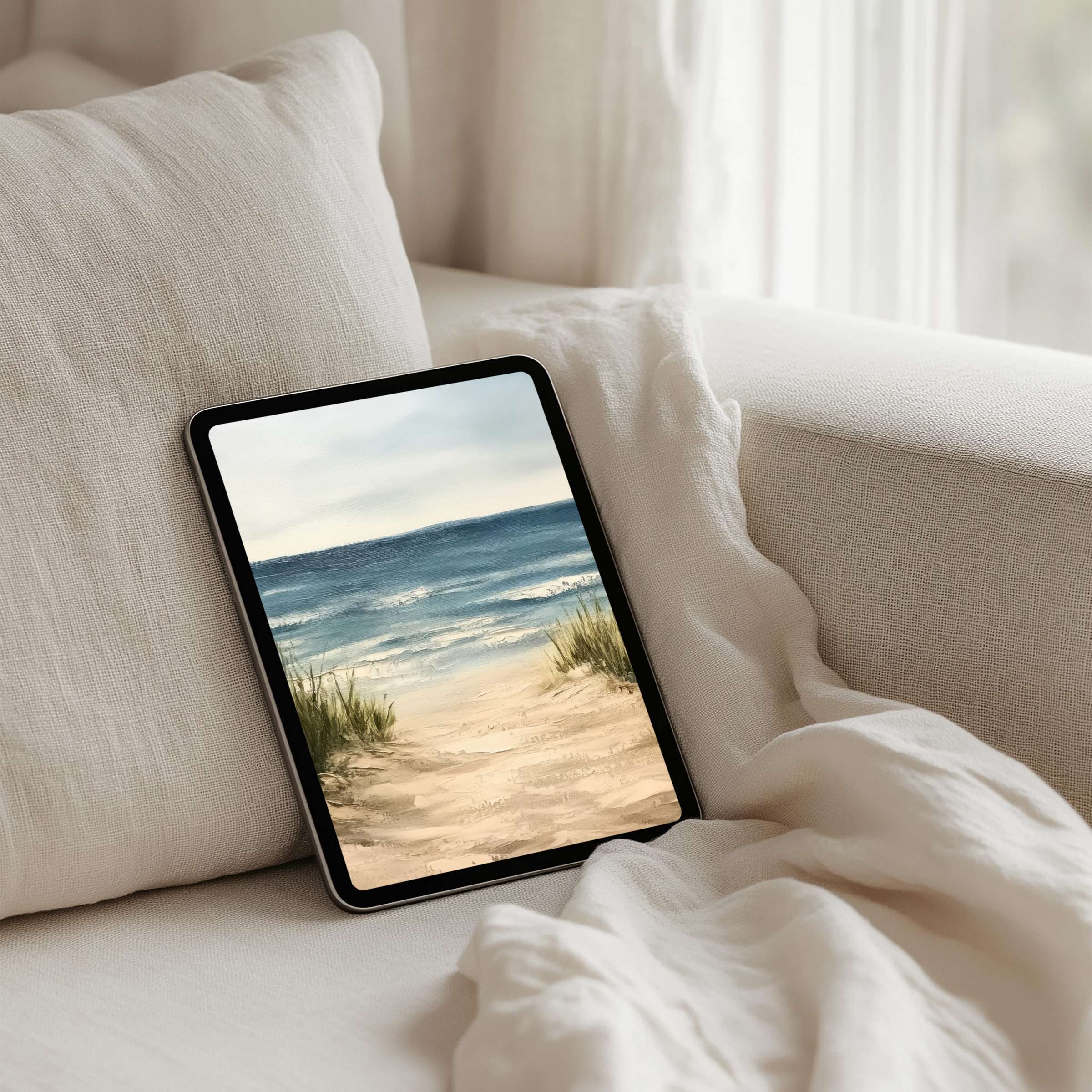 Calming coastal painting as iPad background for instant download fitting any tablet inspiring mindfulness and elegance