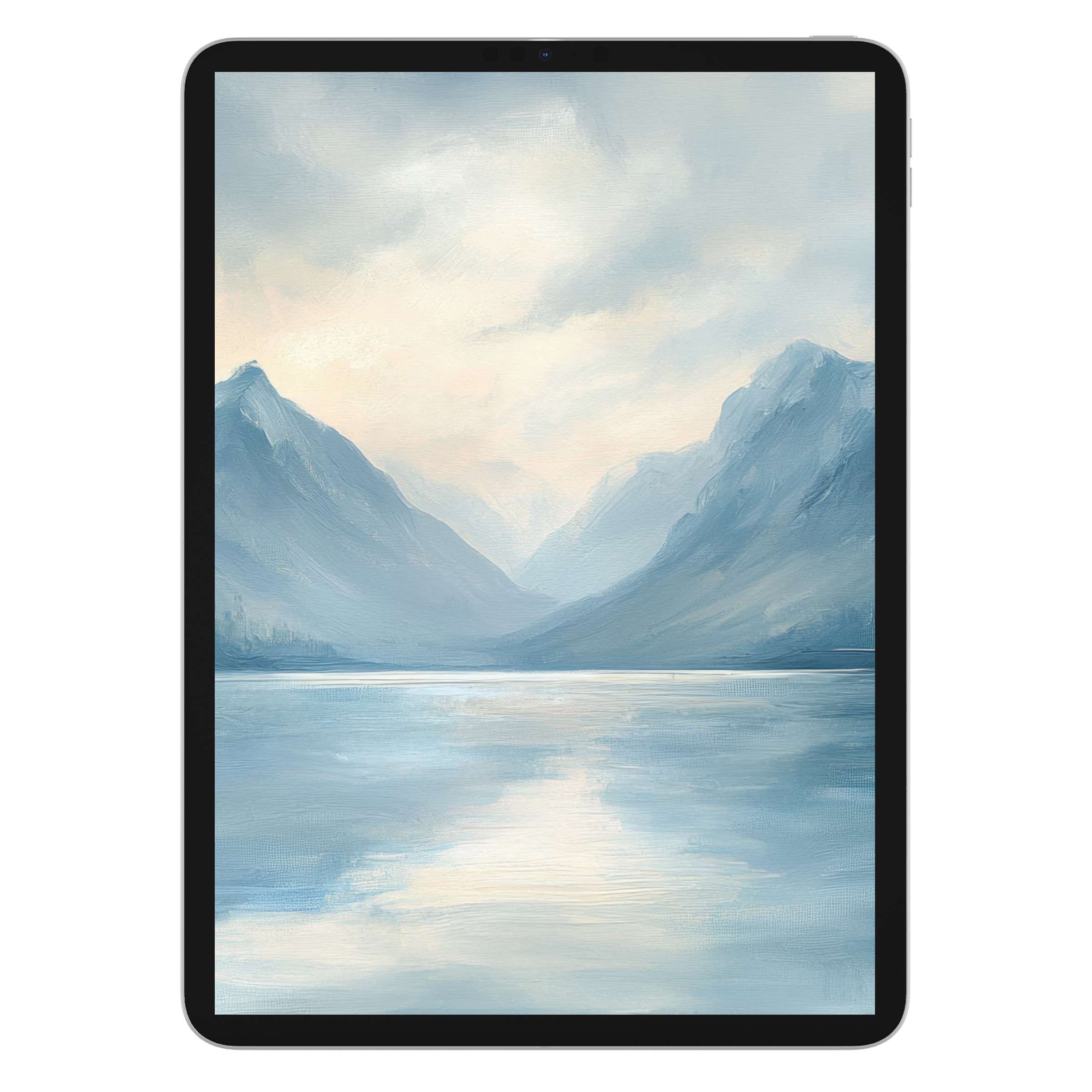 Tranquil landscape iPad wallpaper featuring serene mountain and lake artwork, perfect digital download background for any tablet device