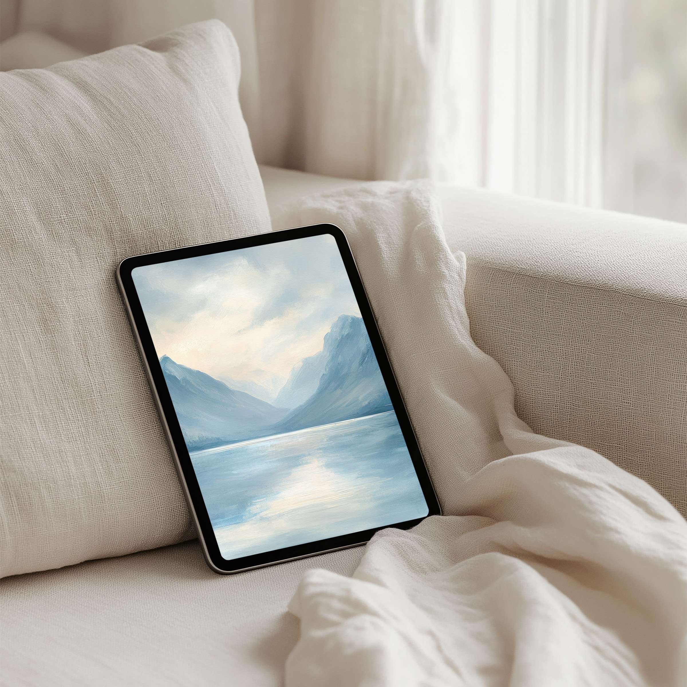 Elegant iPad background featuring serene watercolor mountains for instant download on tablet devices, offering calm and inspiration