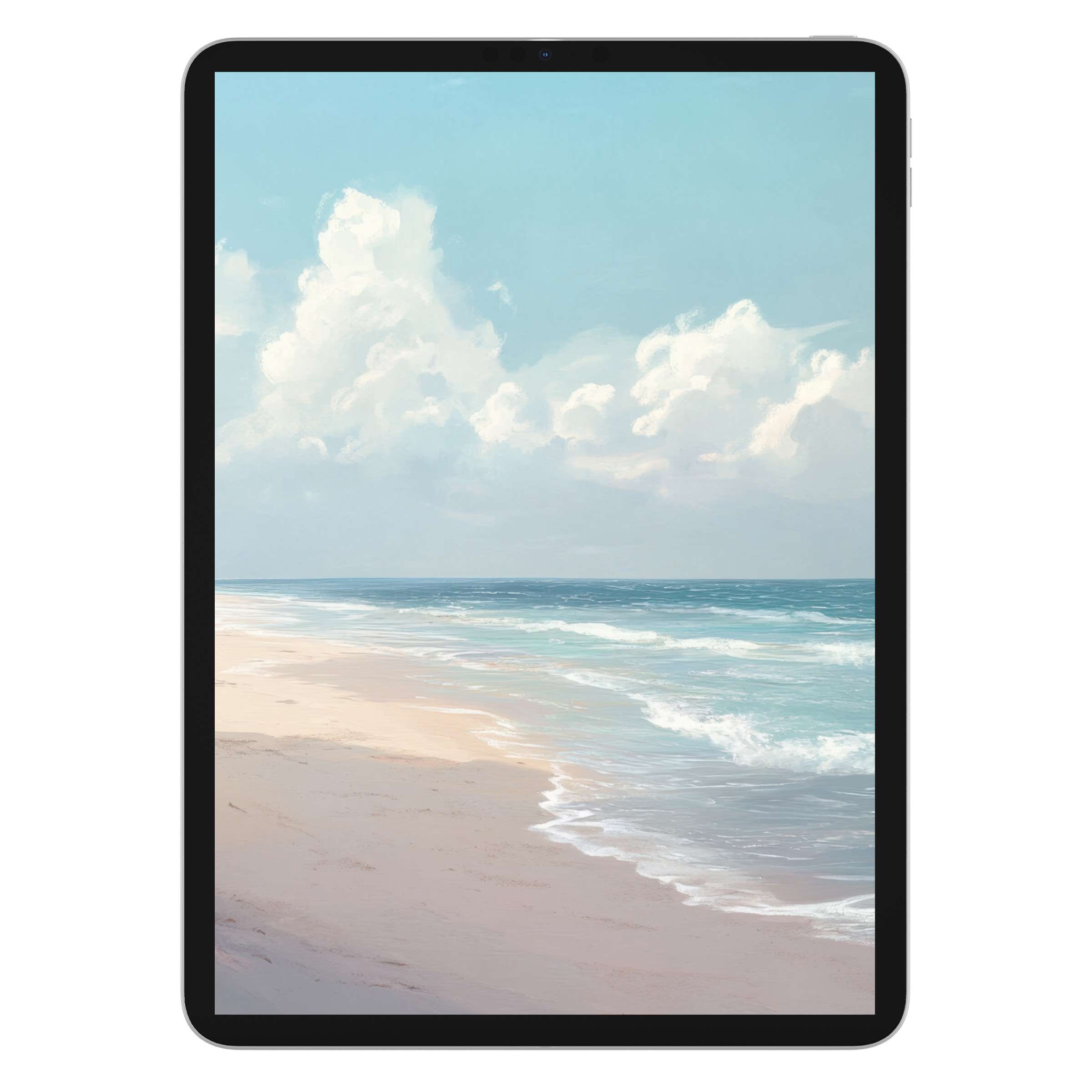 Serene beach landscape iPad wallpaper for a calming tablet background digital download with soft pastel tones and tranquil vibes