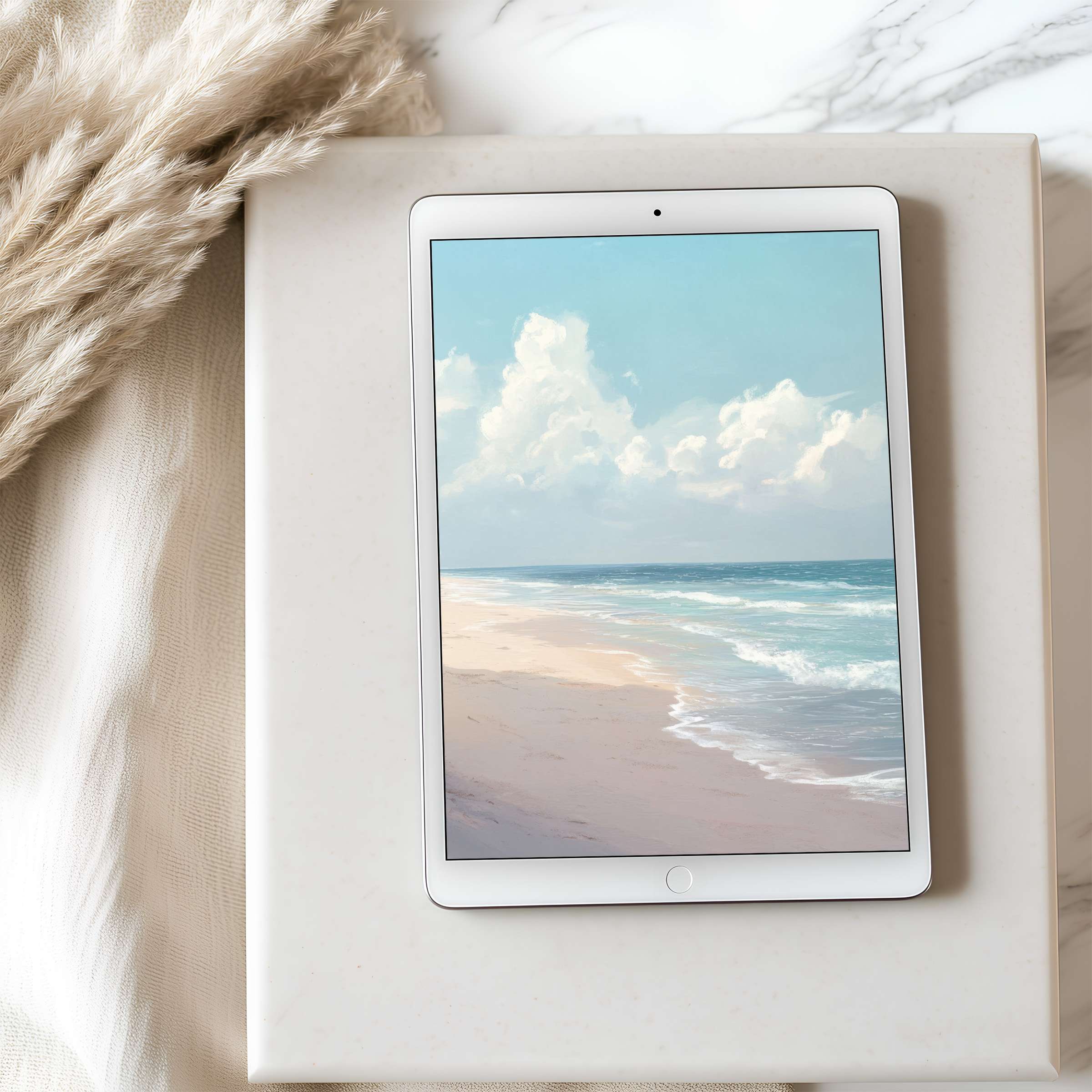 Elegant beach scene tablet wallpaper with soft clouds and waves designed for high resolution iPad and Android download