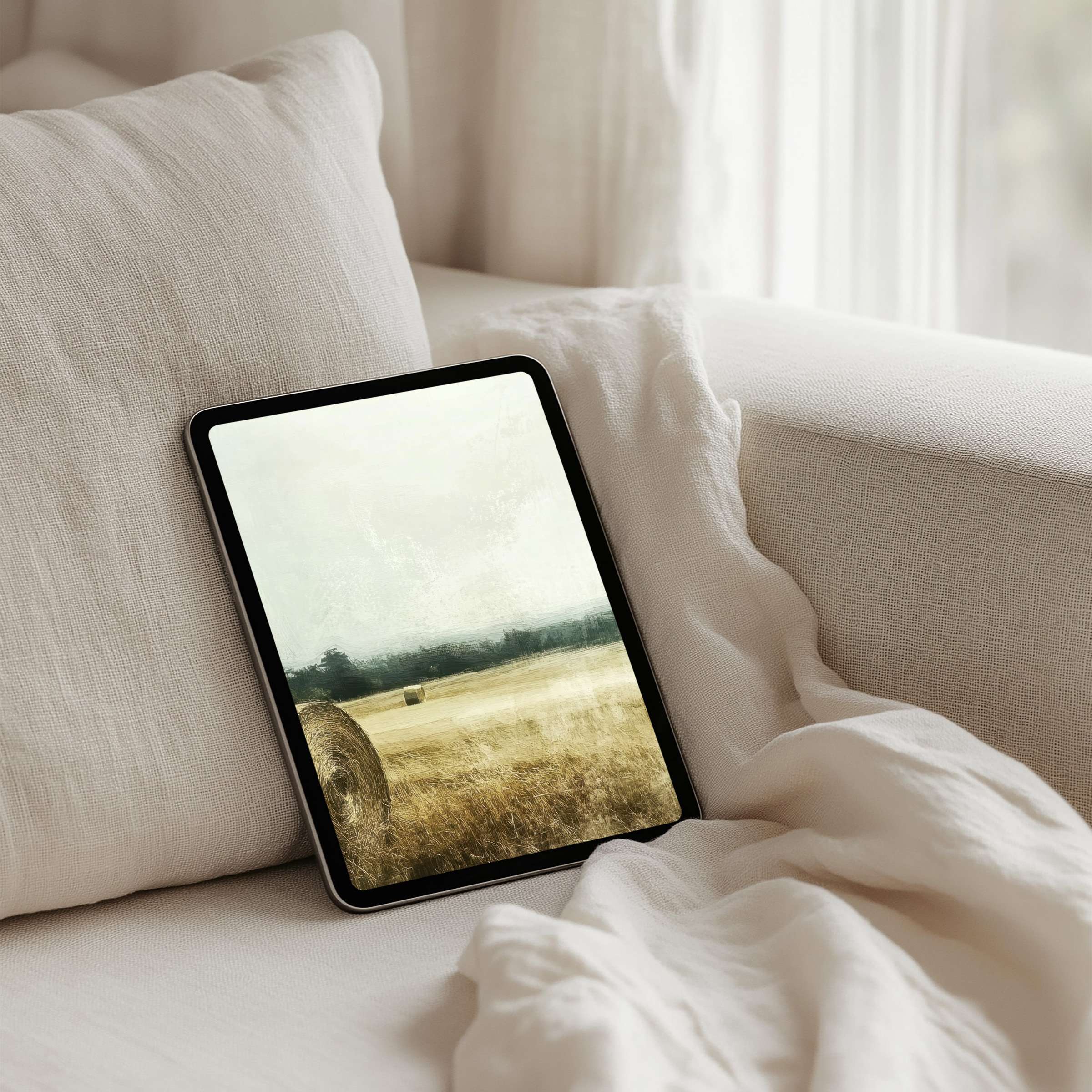 Serene iPad background depicting a tranquil landscape in muted tones, perfect for instant download on any tablet, enhancing calm elegance
