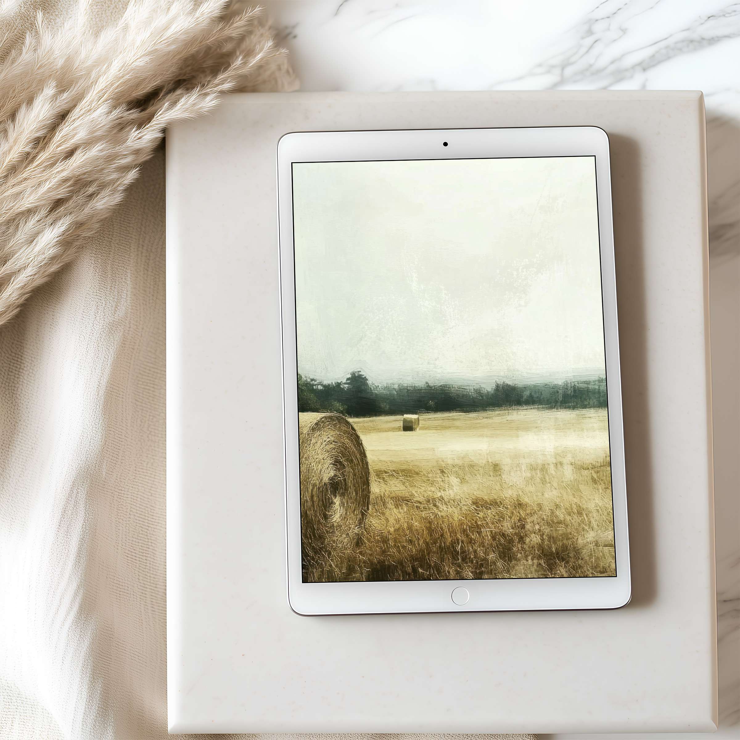 Elegant tablet wallpaper showcasing a serene field scene with hay bales in high resolution perfect for iPad or Android download