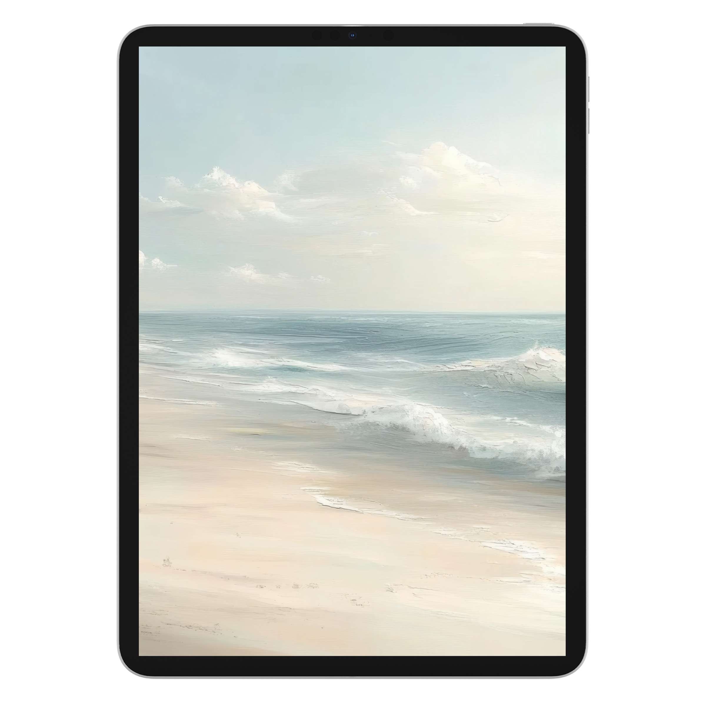 Serene beach landscape iPad wallpaper with soft waves and pastel skies, offering a tranquil digital download background for tablets