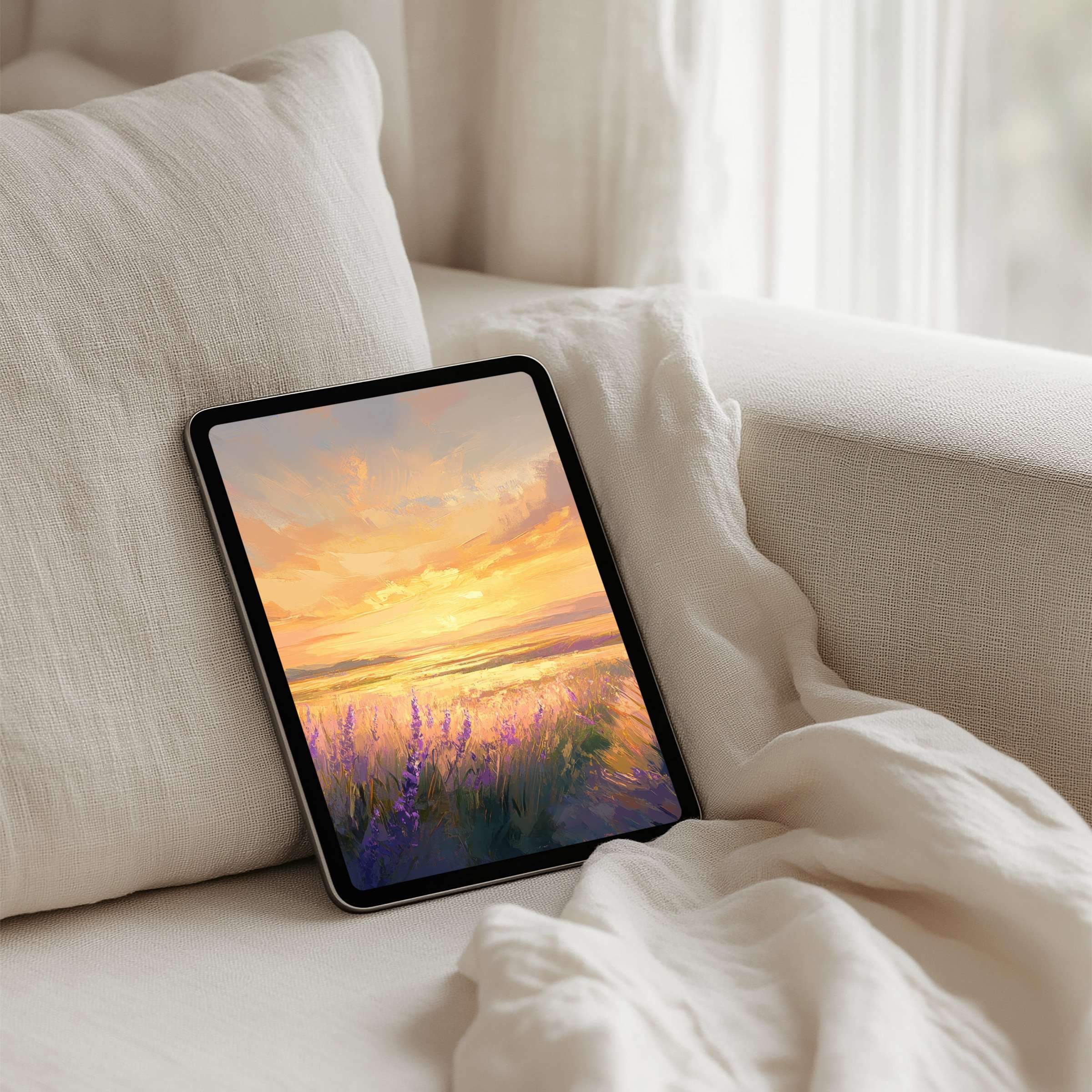 Serene iPad background featuring a sunset landscape, offering instant download for tablet users seeking elegance and mindfulness