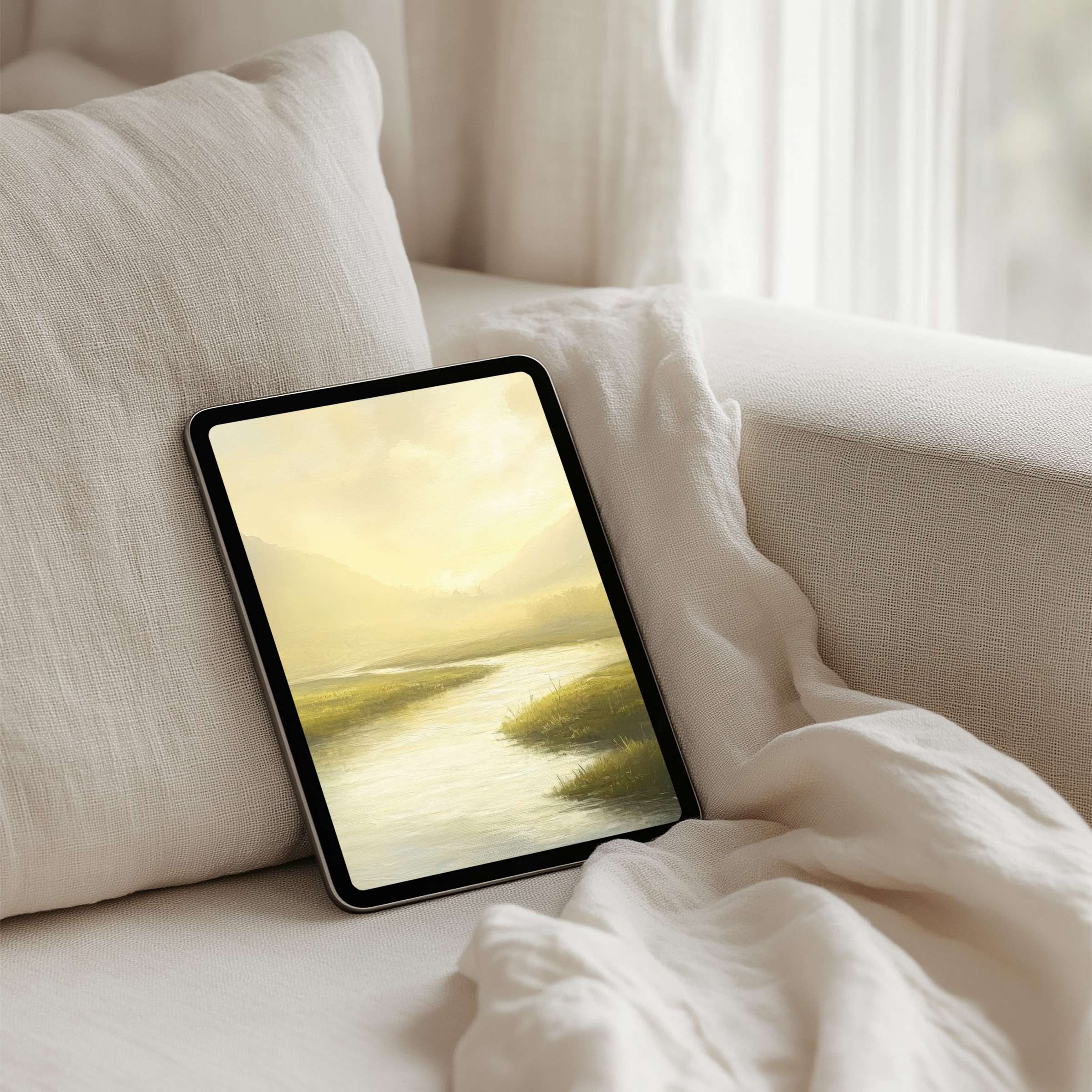 Calming iPad background featuring serene landscape in soft pastels for instant download on tablet devices ideal for inspiration
