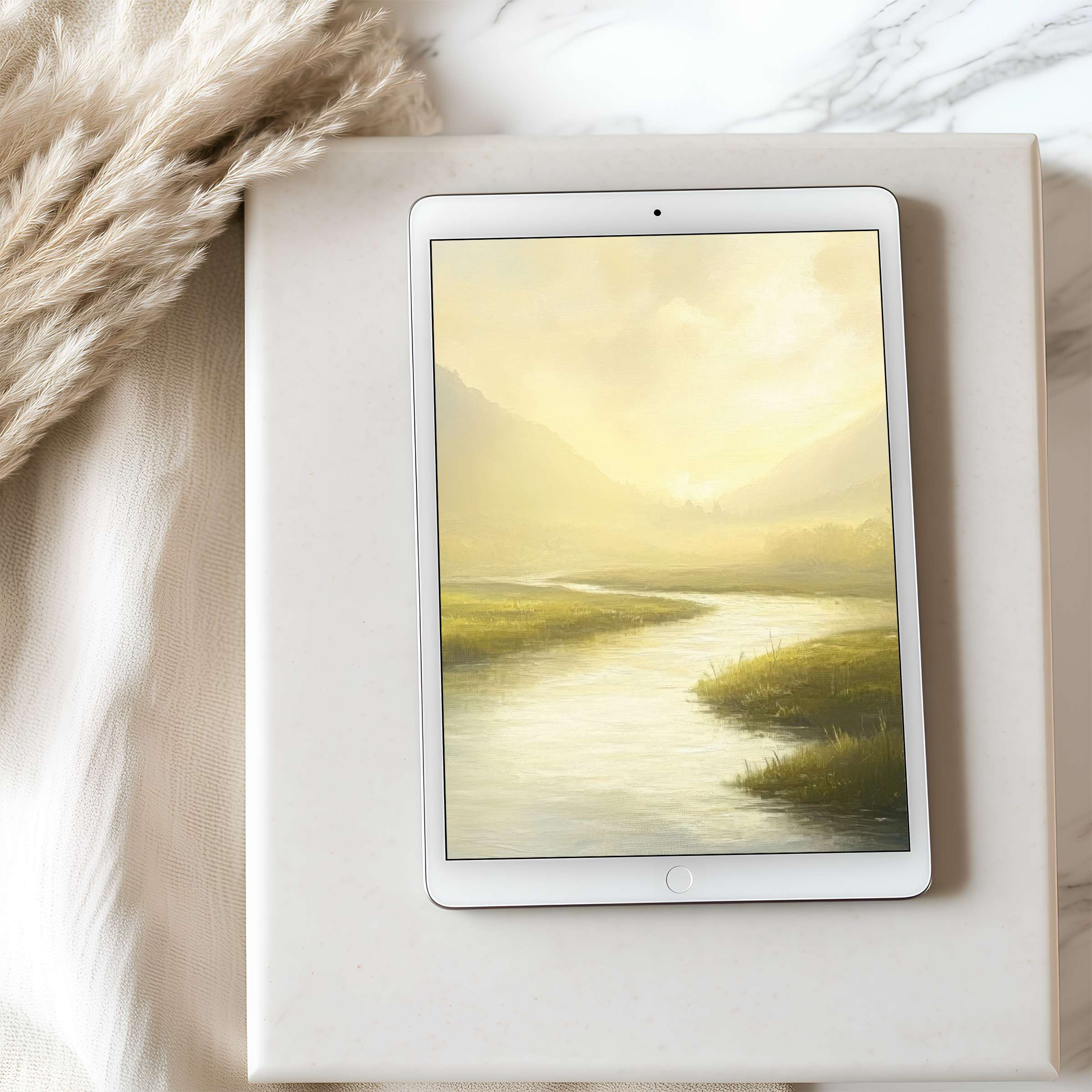 Elegant tablet wallpaper featuring a serene golden landscape painting, ideal for iPad users seeking calm and high-resolution digital downloads