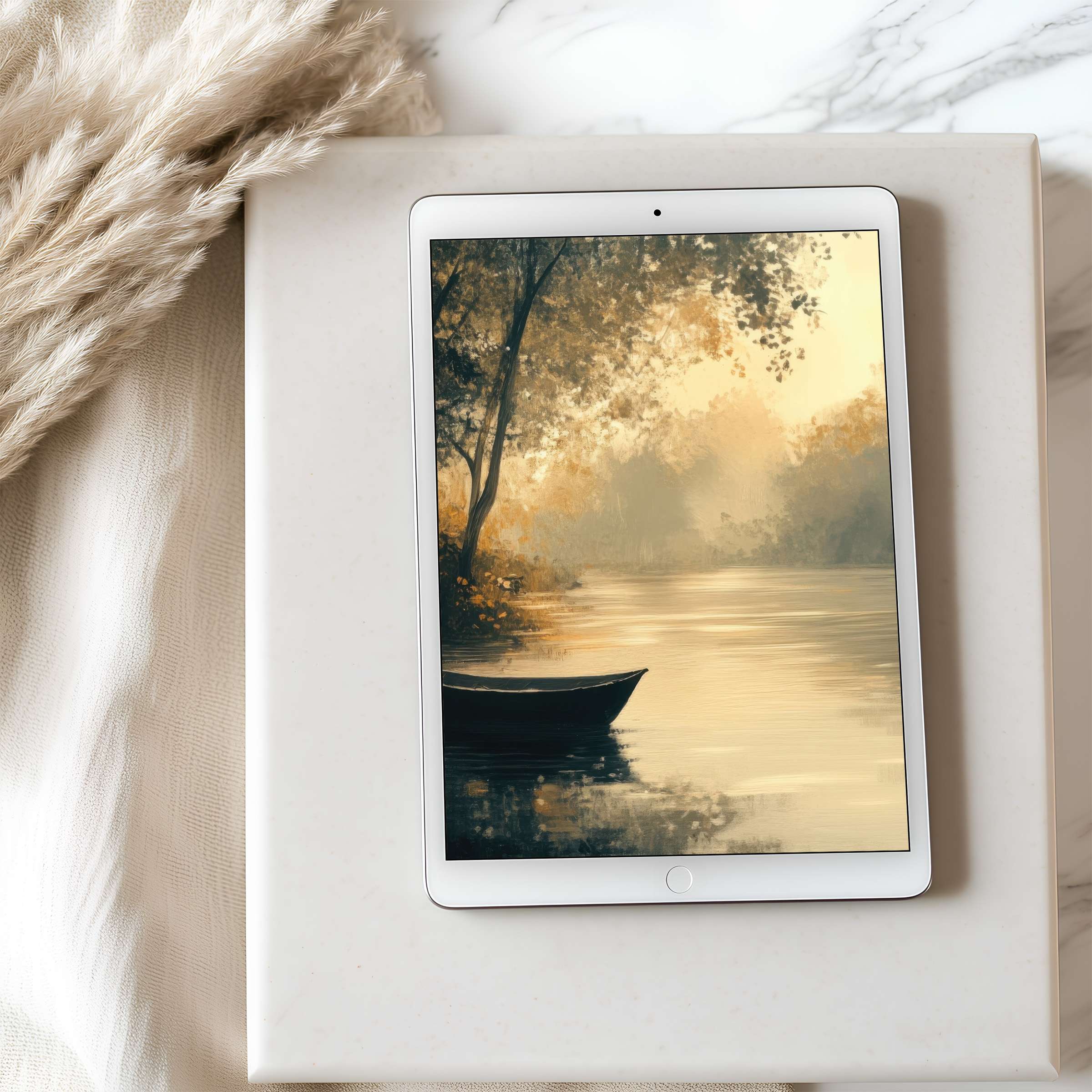 Elegant landscape tablet wallpaper in soothing earth tones showcasing a serene river, perfect for high-resolution iPad and Android aesthetics