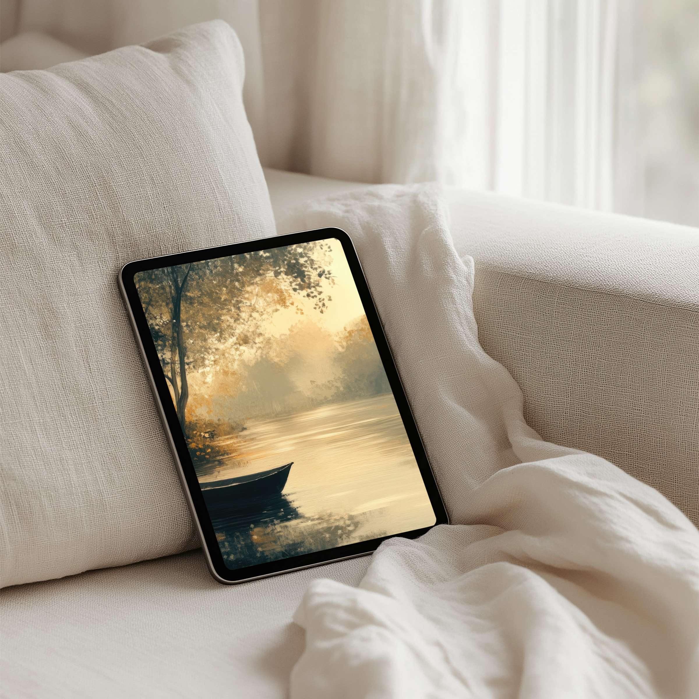 Elegant iPad background featuring serene lake scene, ideal for instant download to tablet, inspiring calm and mindfulness in any space