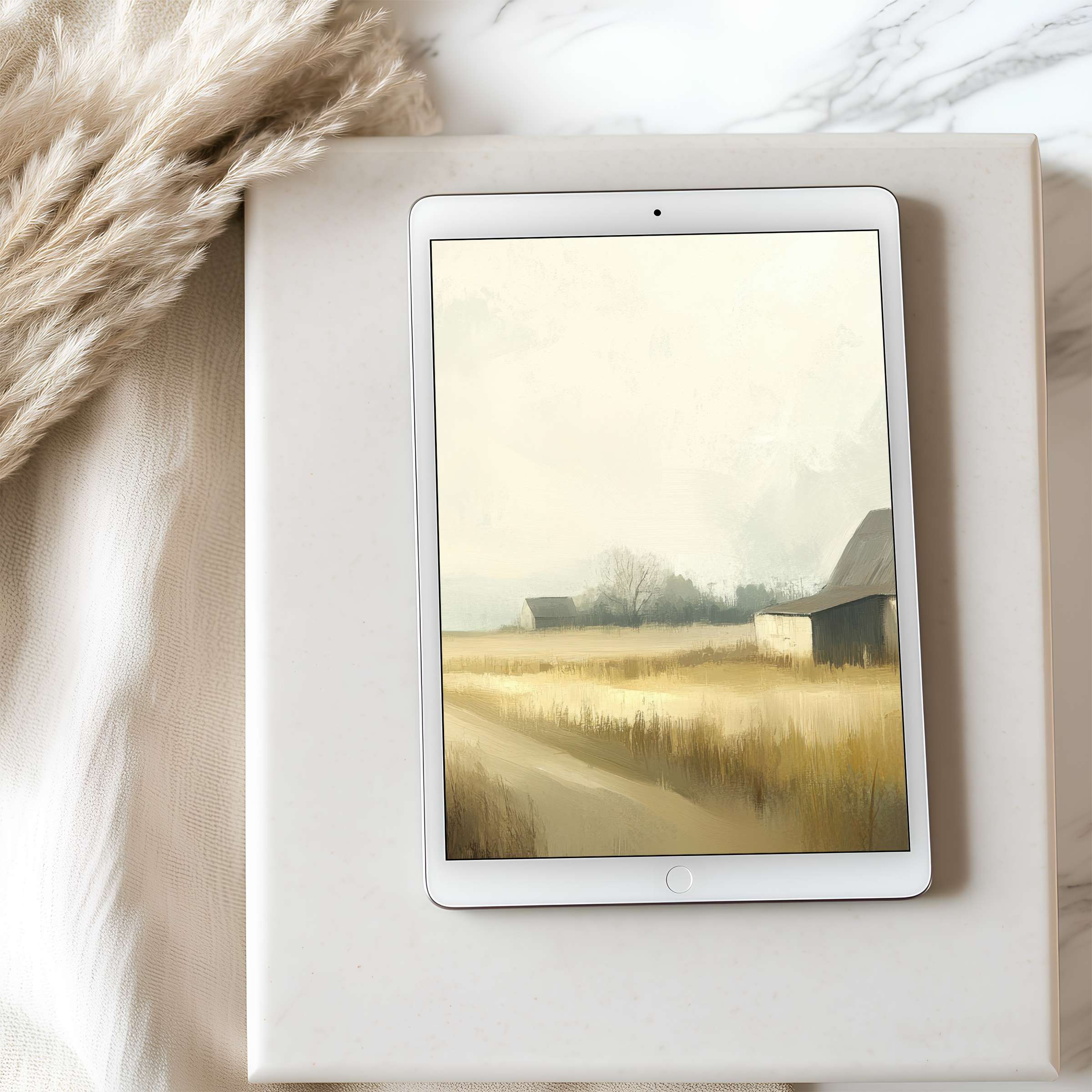Calming landscape tablet wallpaper with soft, muted colors for iPad or Android tablet digital download and elegant interiors