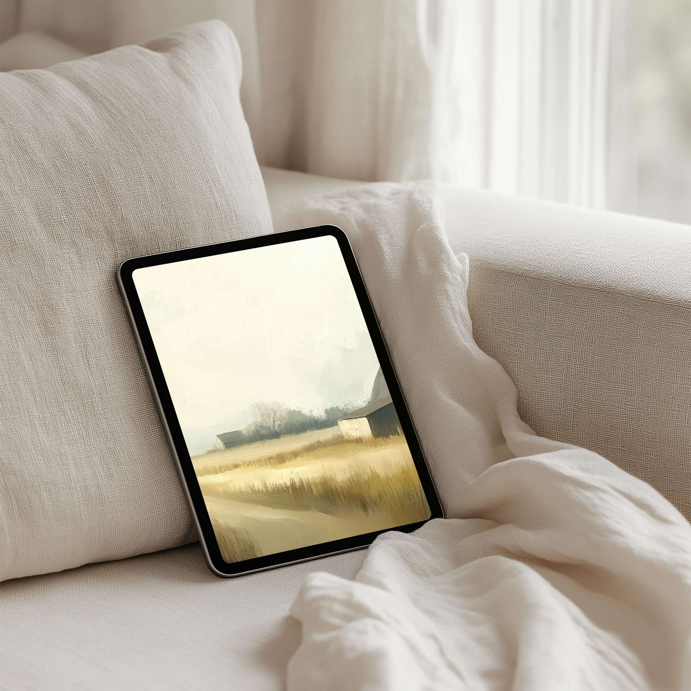 Serene landscape painting with muted tones, perfect iPad background, ideal for mindful moments on any tablet, instant download available