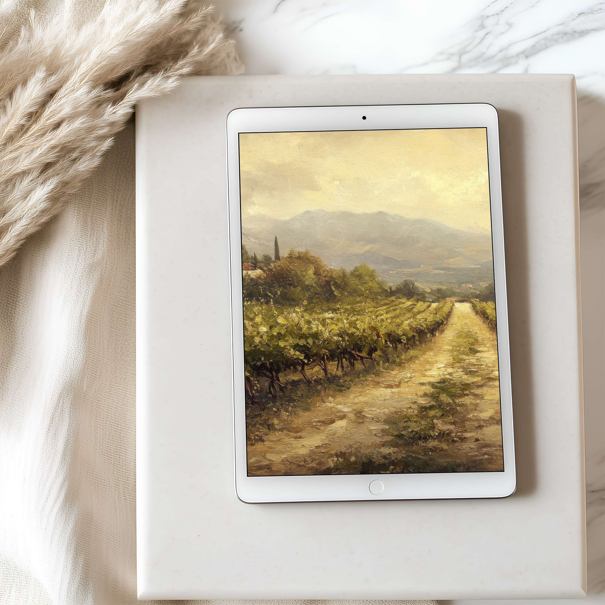 Serene landscape tablet wallpaper blending soft earth tones and vineyard path, perfect for high resolution iPad, Android use