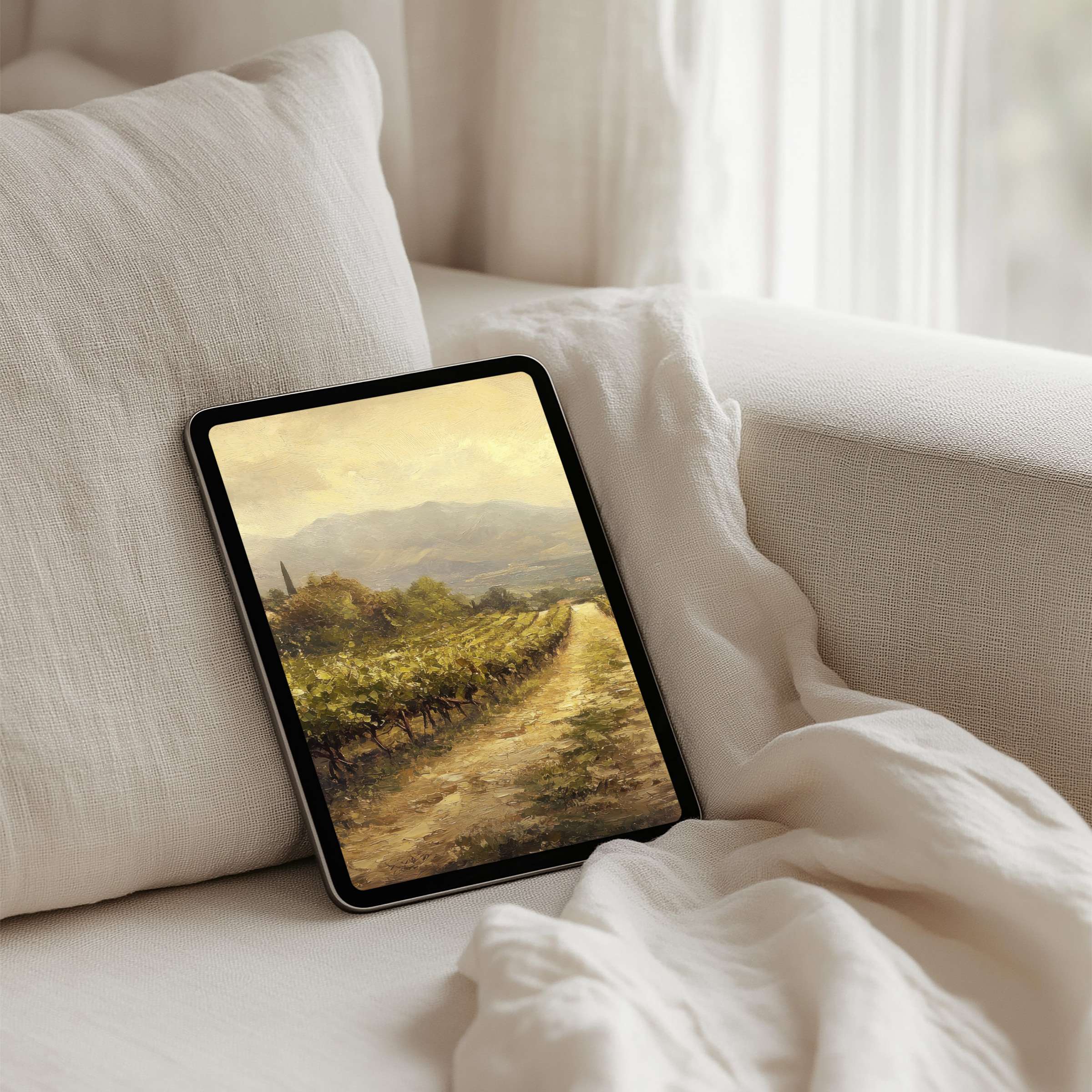 Elegant iPad background featuring a serene vineyard painting evokes calm and inspiration, perfect for tablets with instant download