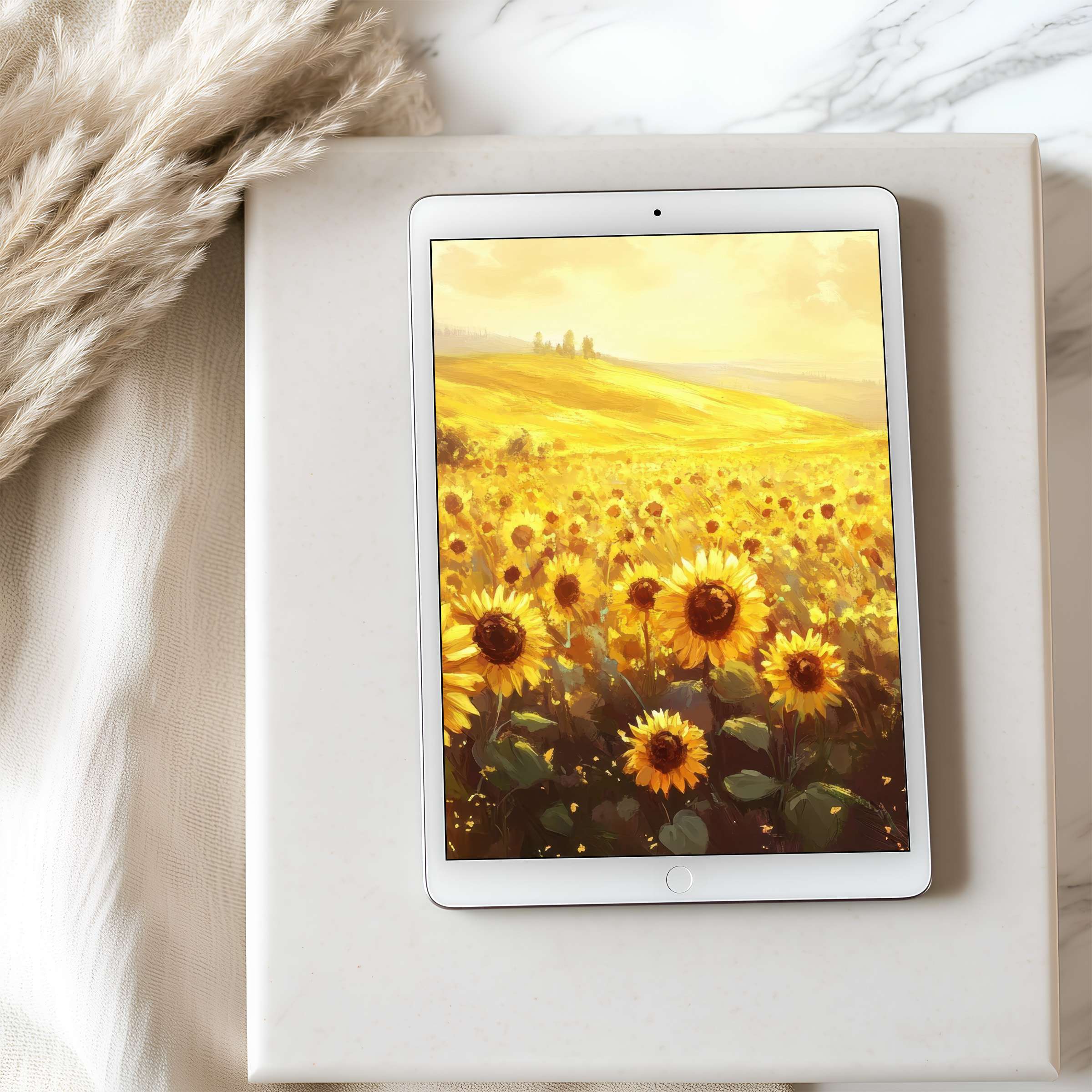 Bright sunflower field tablet wallpaper exudes warmth and serenity, perfect for iPad download, enhancing your curated digital space