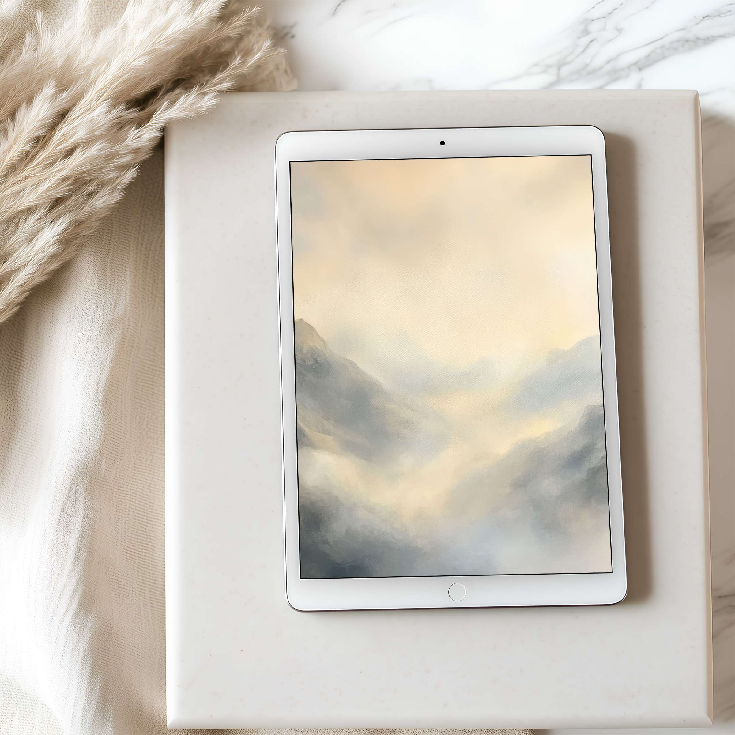 Serene mountain landscape tablet wallpaper in high resolution, perfect for iPad ambiance, offering sustainable tranquility as a digital download