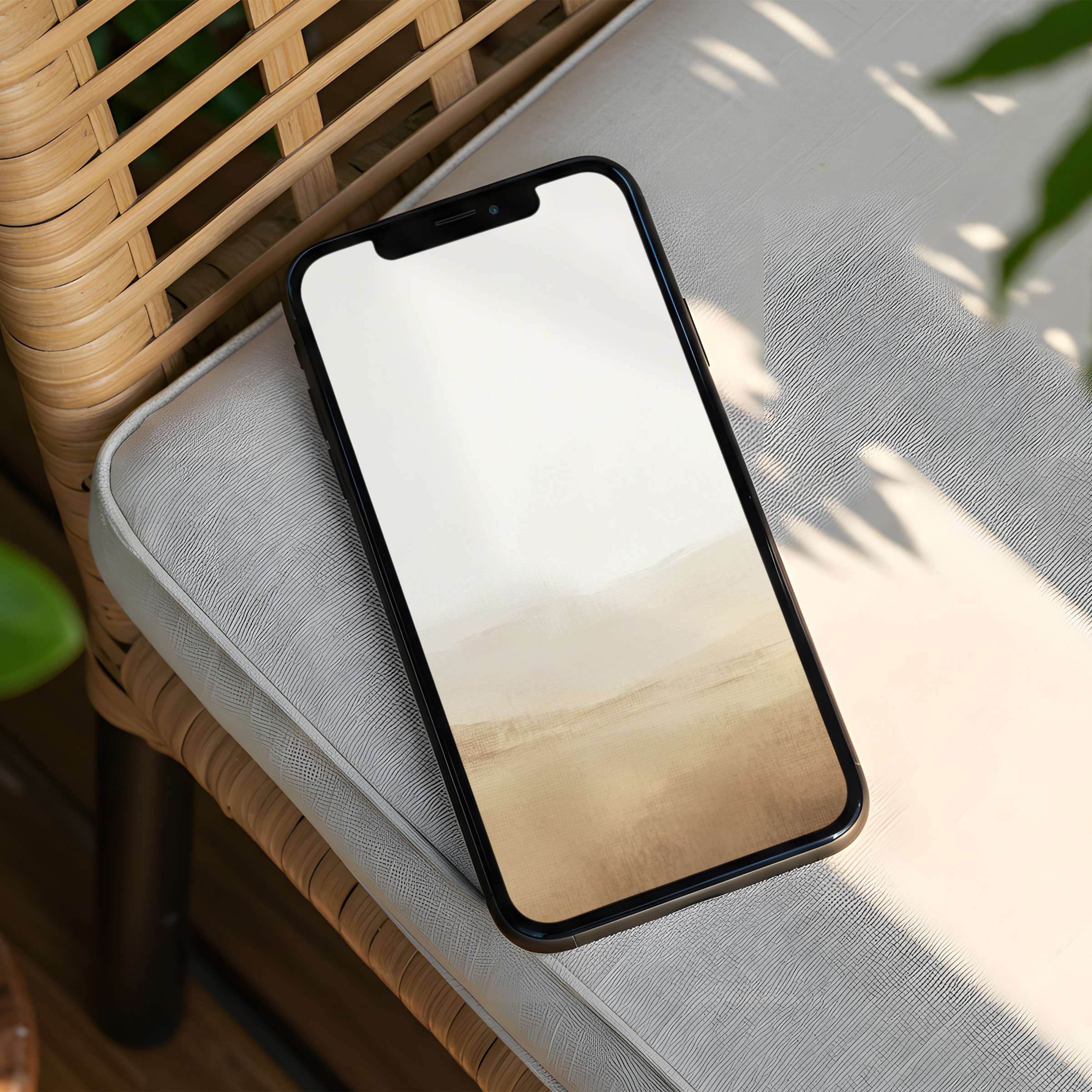 Elegant beige gradient iPhone background on cushioned chair inspires calm and mindfulness ideal for instant download phone wallpaper