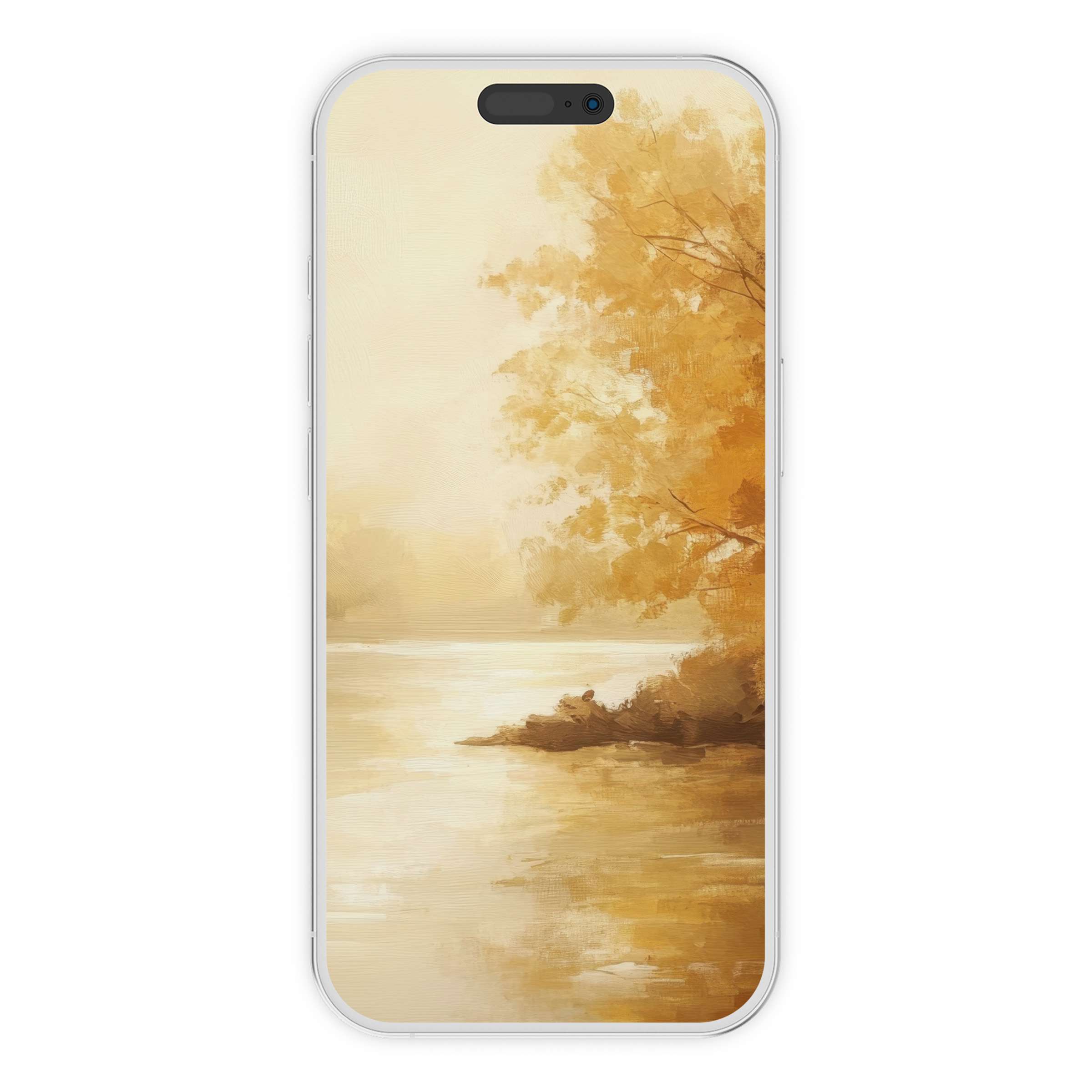 Autumn landscape iPhone wallpaper, featuring golden trees and serene water reflections, perfect digital download phone background for tranquility