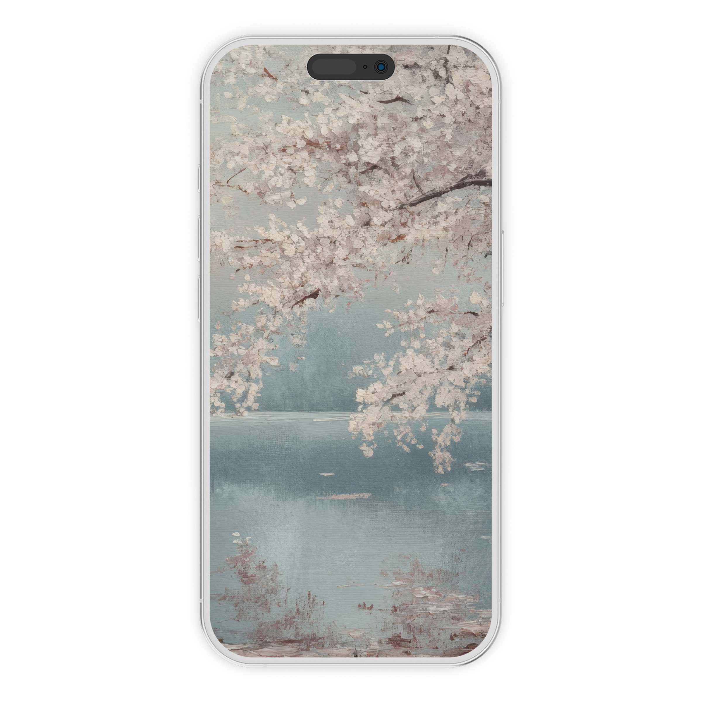Tranquil cherry blossom scene in pastel tones as a landscape iPhone wallpaper digital download for phone background elegance