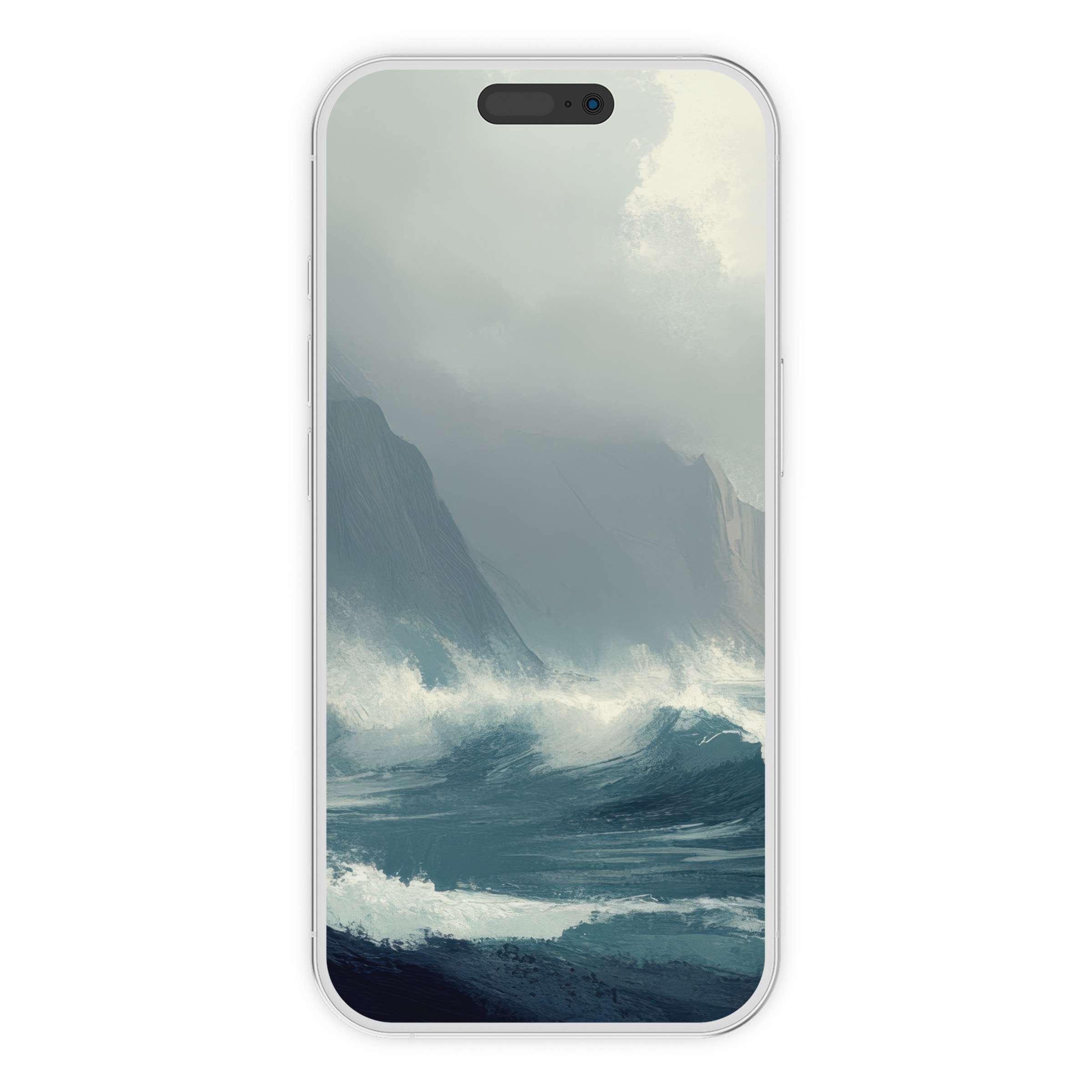 Elegant landscape iPhone wallpaper featuring serene ocean waves under a misty sky, perfect phone background digital download for all devices