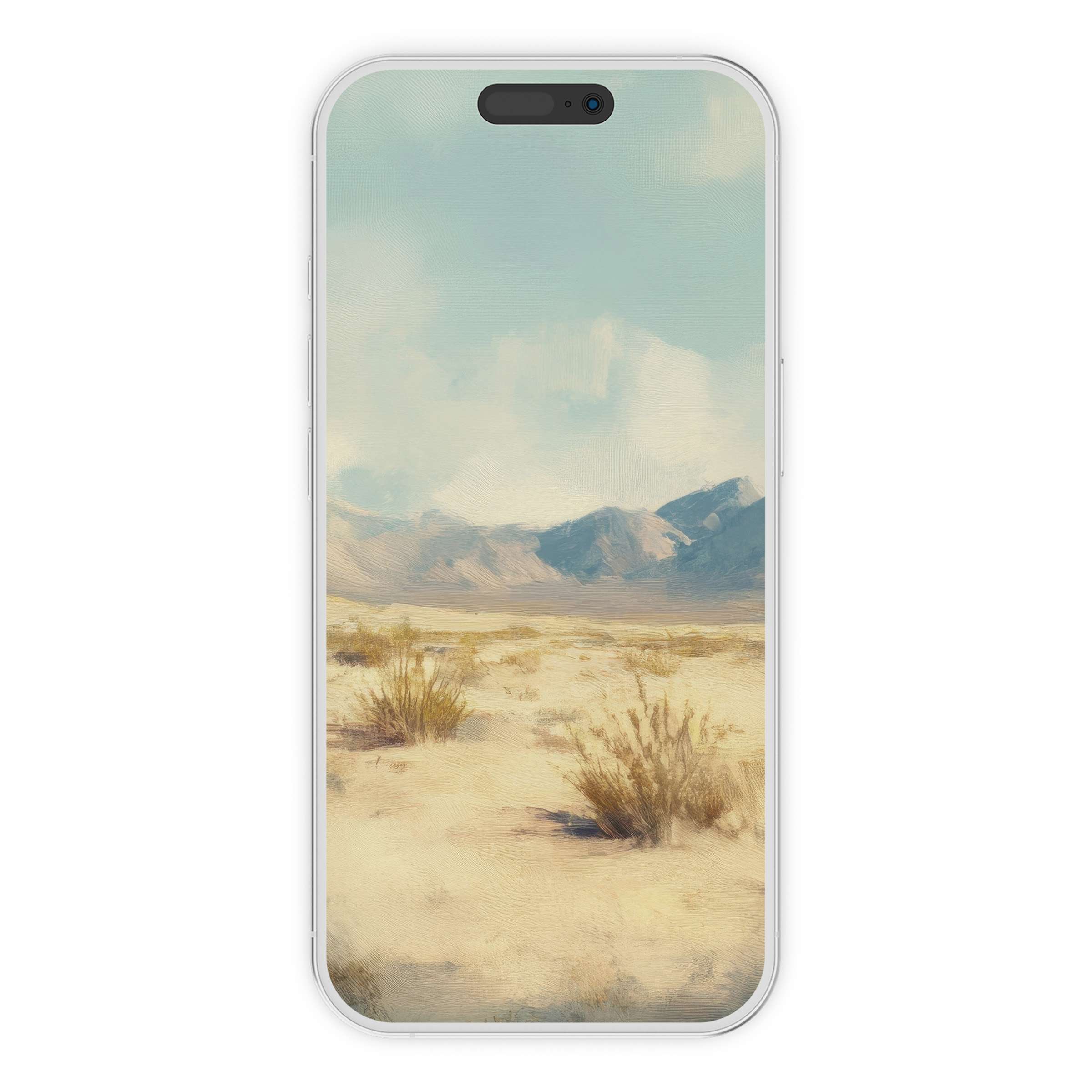 Elegant landscape iPhone wallpaper featuring a serene desert with soft pastel tones, perfect phone background for digital download and style