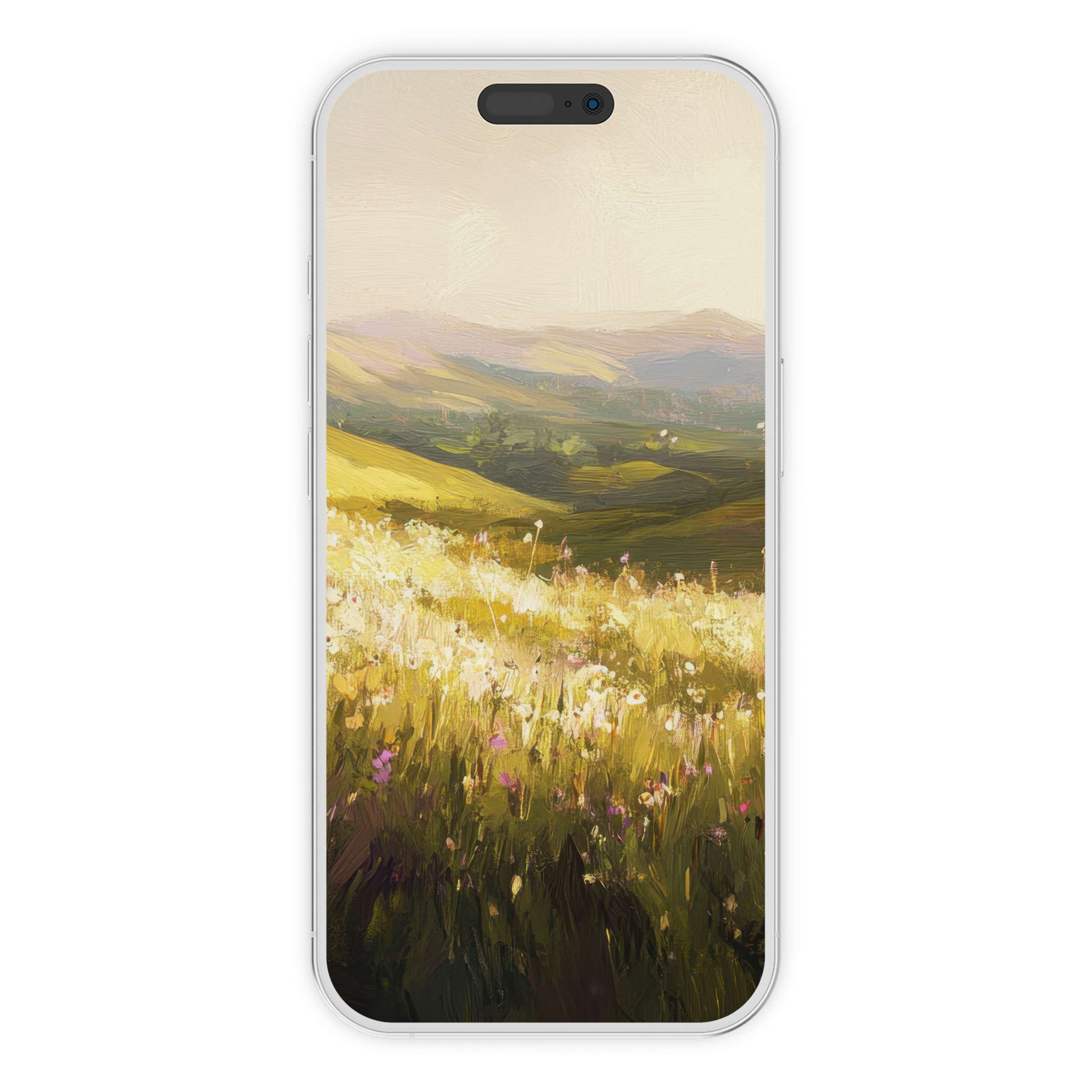 Serene landscape iPhone wallpaper with floral meadows under pastel skies offers a digital download for elegant phone backgrounds