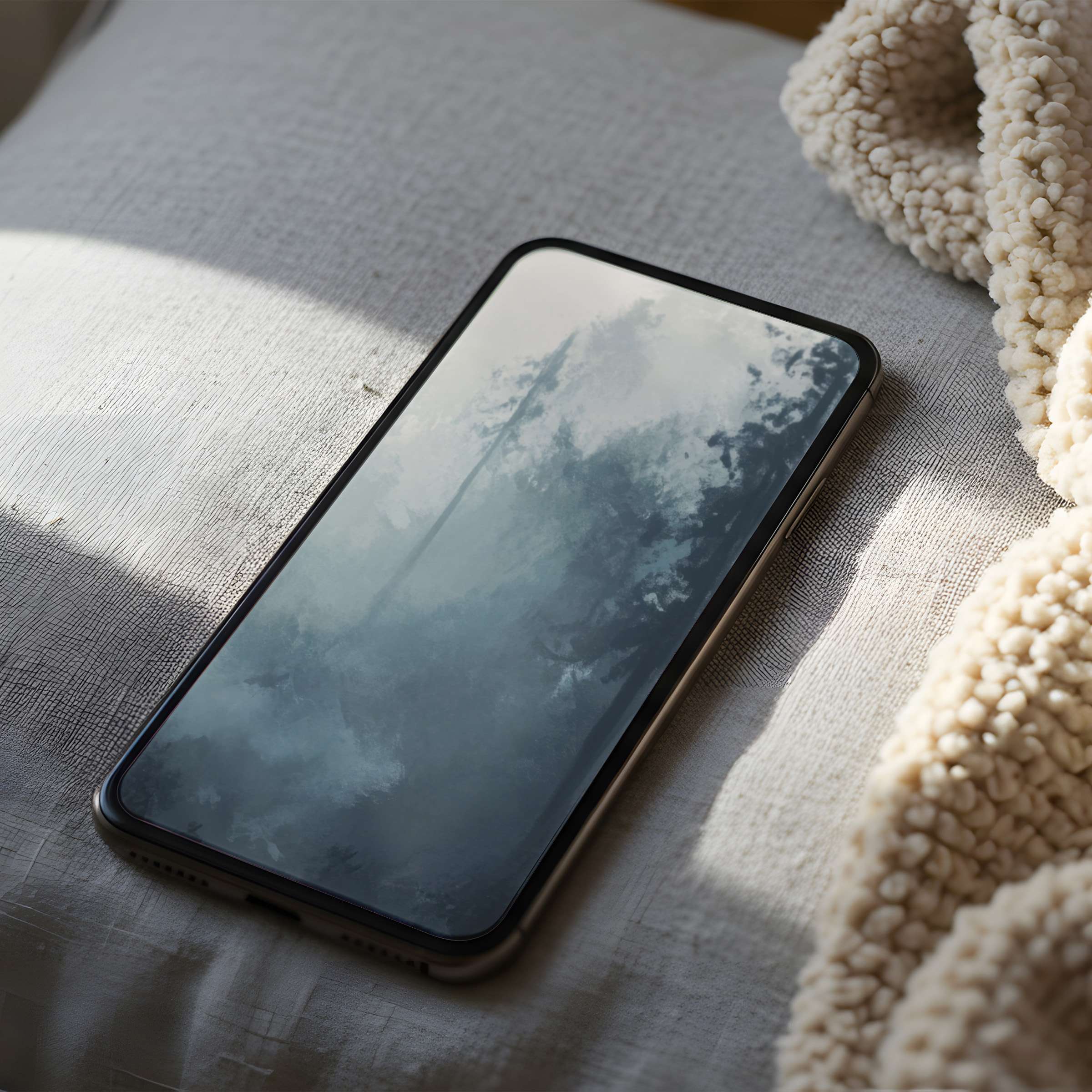 Serene abstract forest phone wallpaper in soothing blues offers high resolution digital download suitable for iPhone and Android use