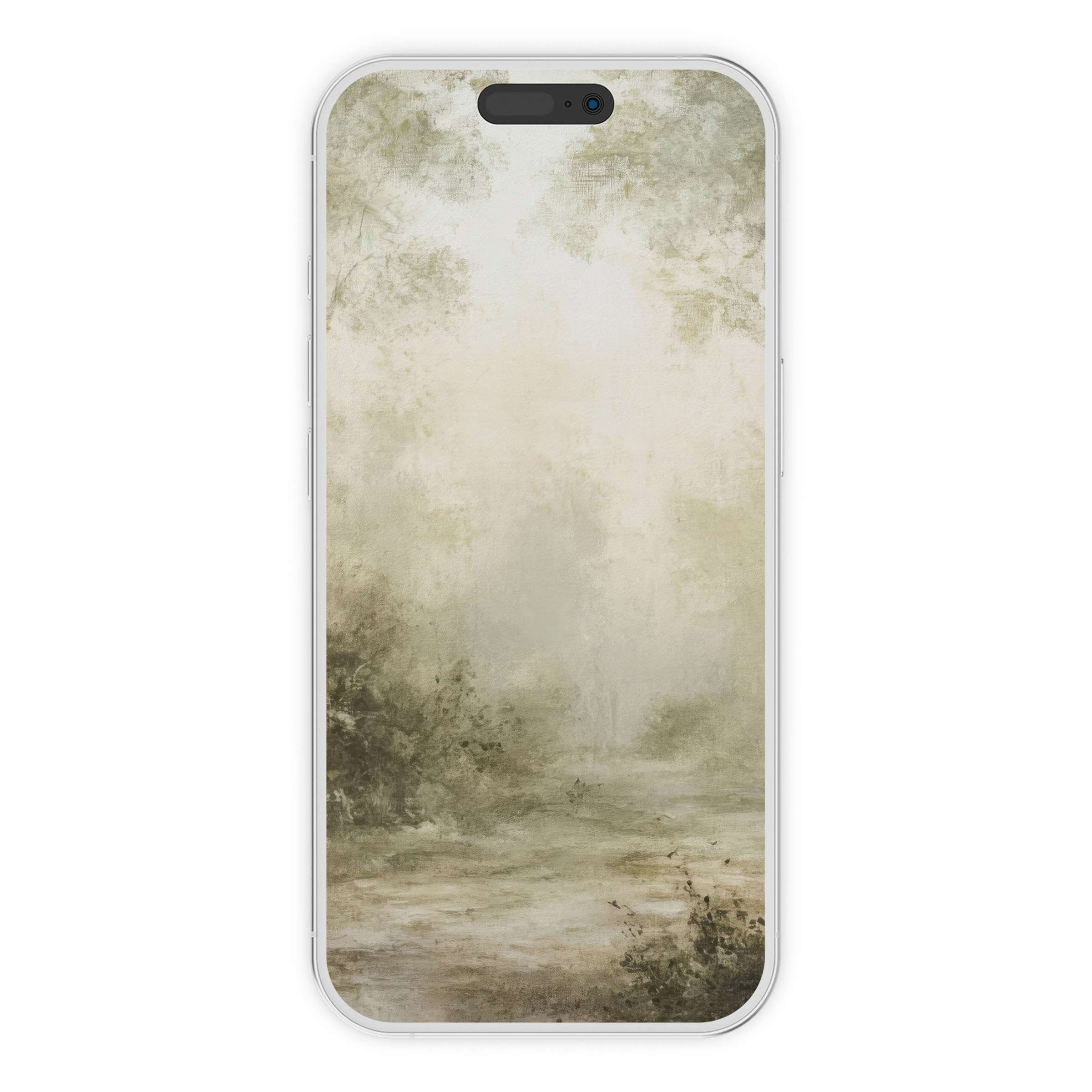 Serene landscape iPhone wallpaper featuring a misty forest path in soft greens and browns for a calming phone background digital download