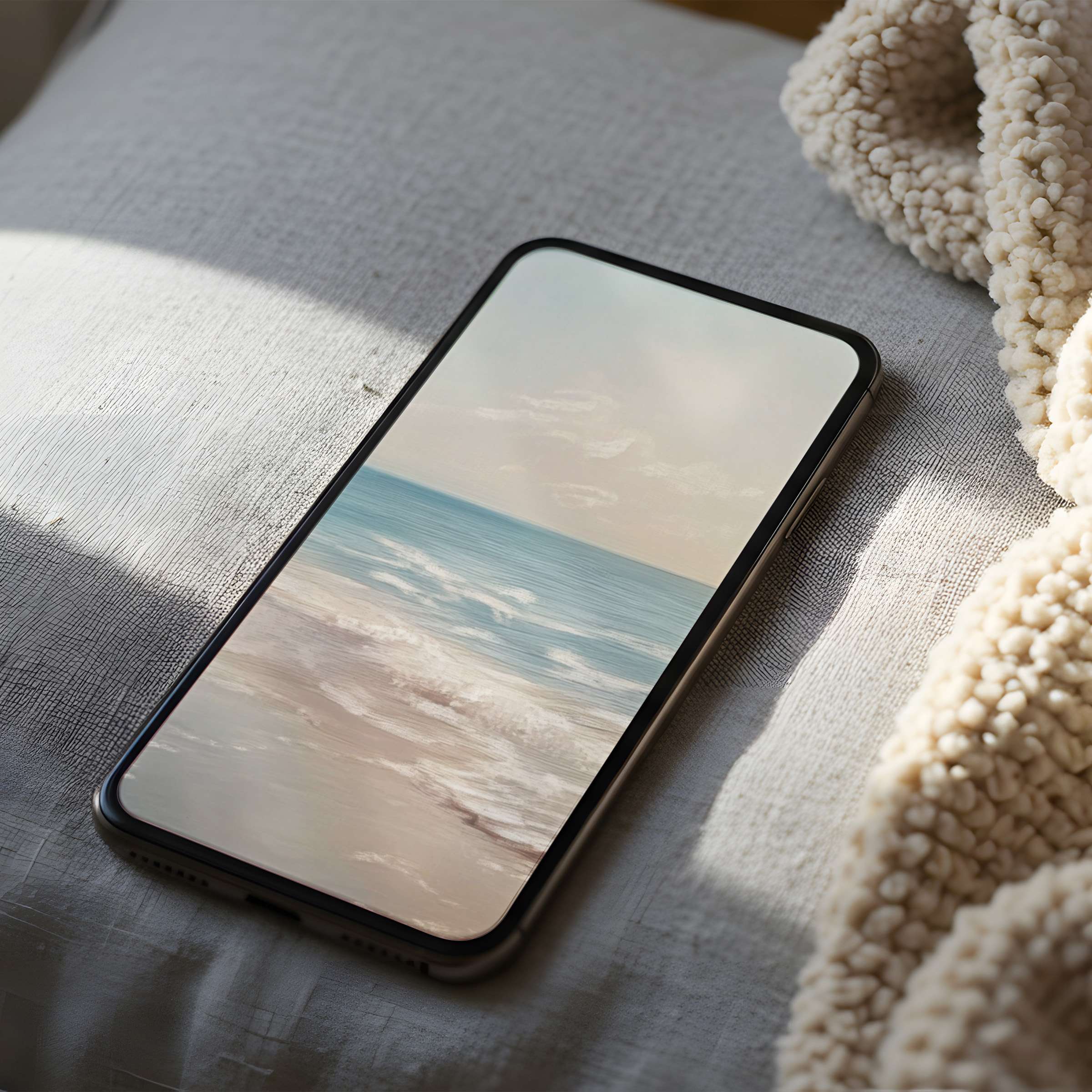 Tranquil beach scene phone wallpaper in high resolution, ideal for iPhone and Android, elevates any room with a sense of calm
