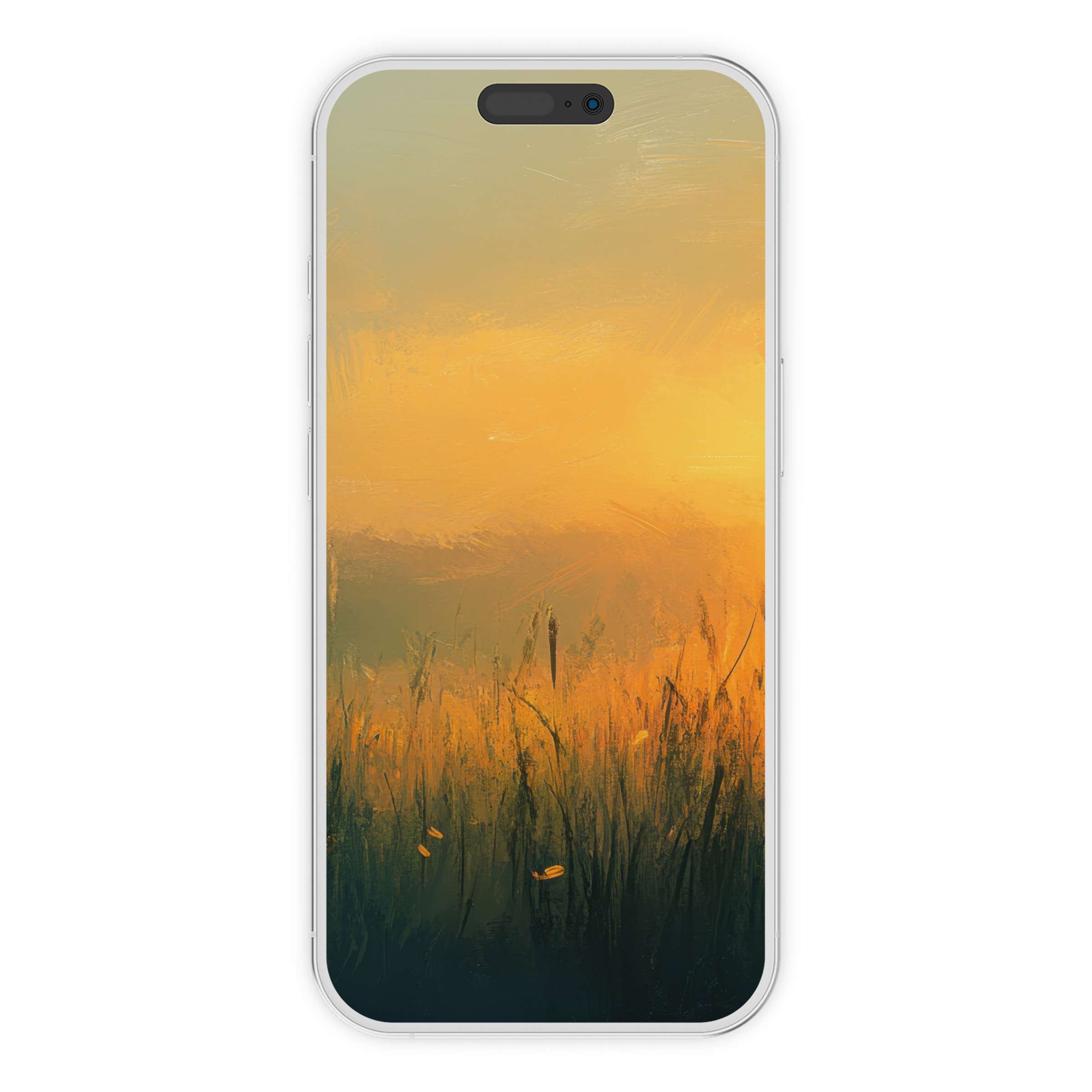 Golden sunset brushstrokes create a serene landscape iPhone wallpaper digital download, ideal phone background for elegance and calm