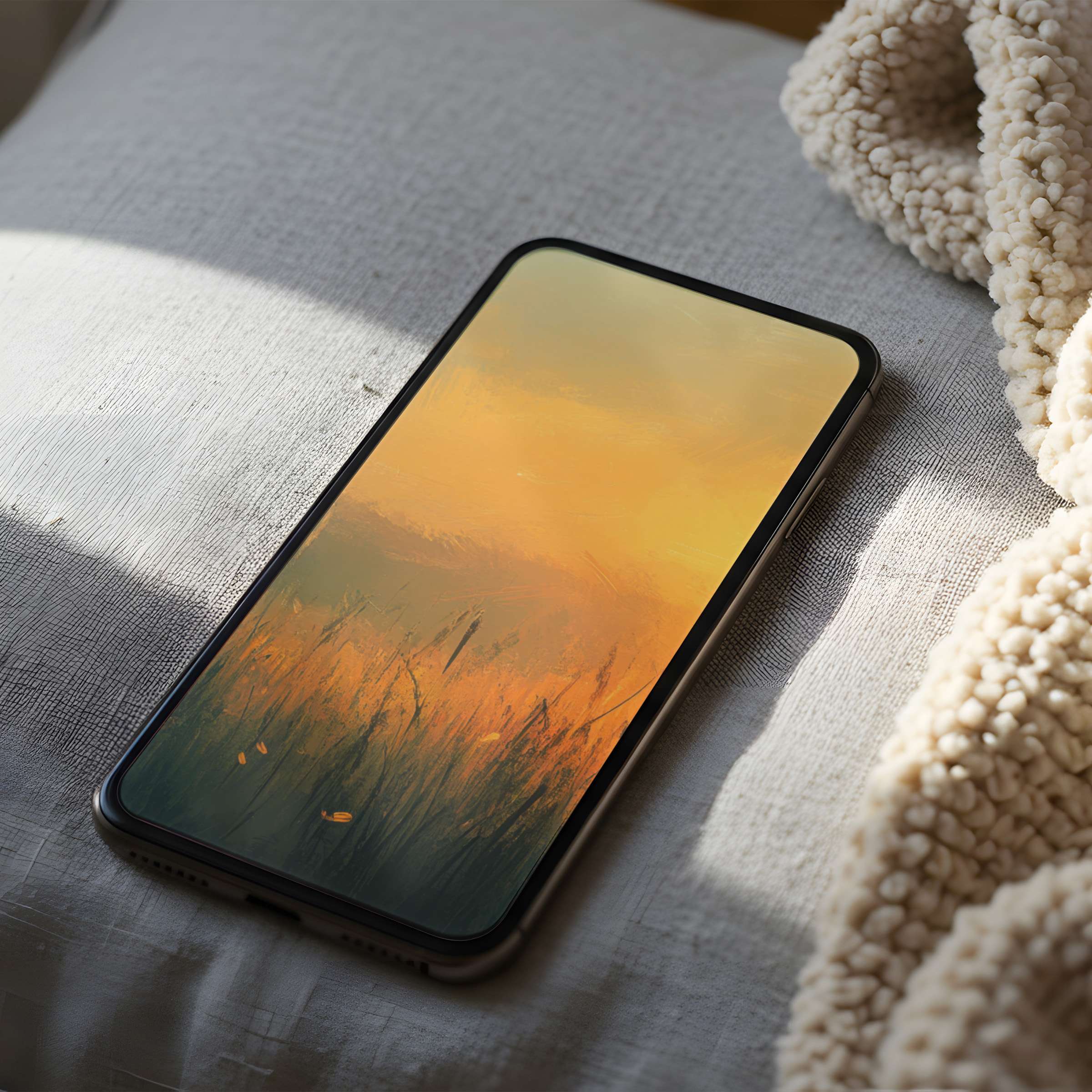 Elegant phone wallpaper with a serene sunset over grasslands, perfect for iPhone and Android, offering a calming digital download