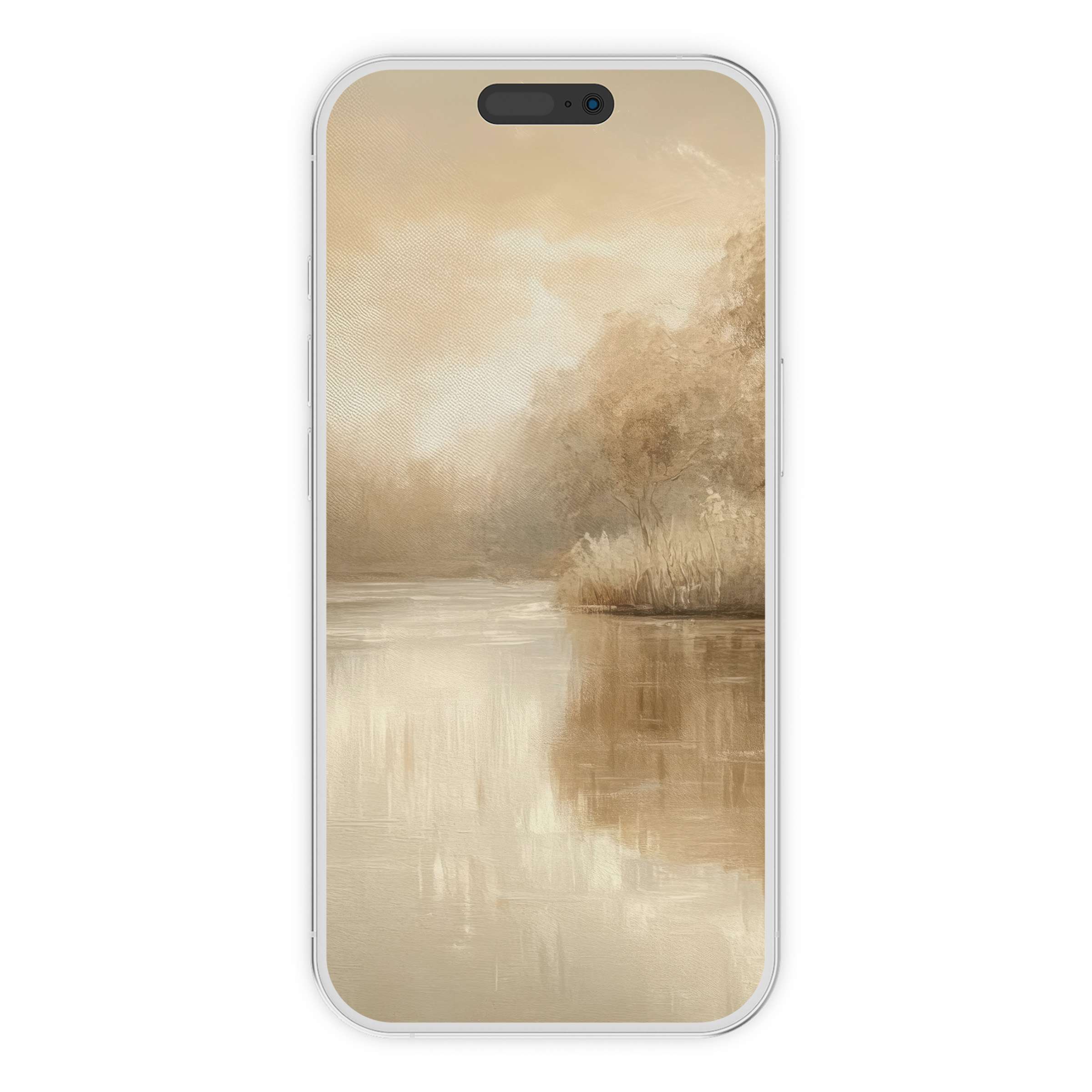 Elegant sepia-toned landscape iPhone wallpaper features serene trees and calm water ideal for phone background digital download atmosphere