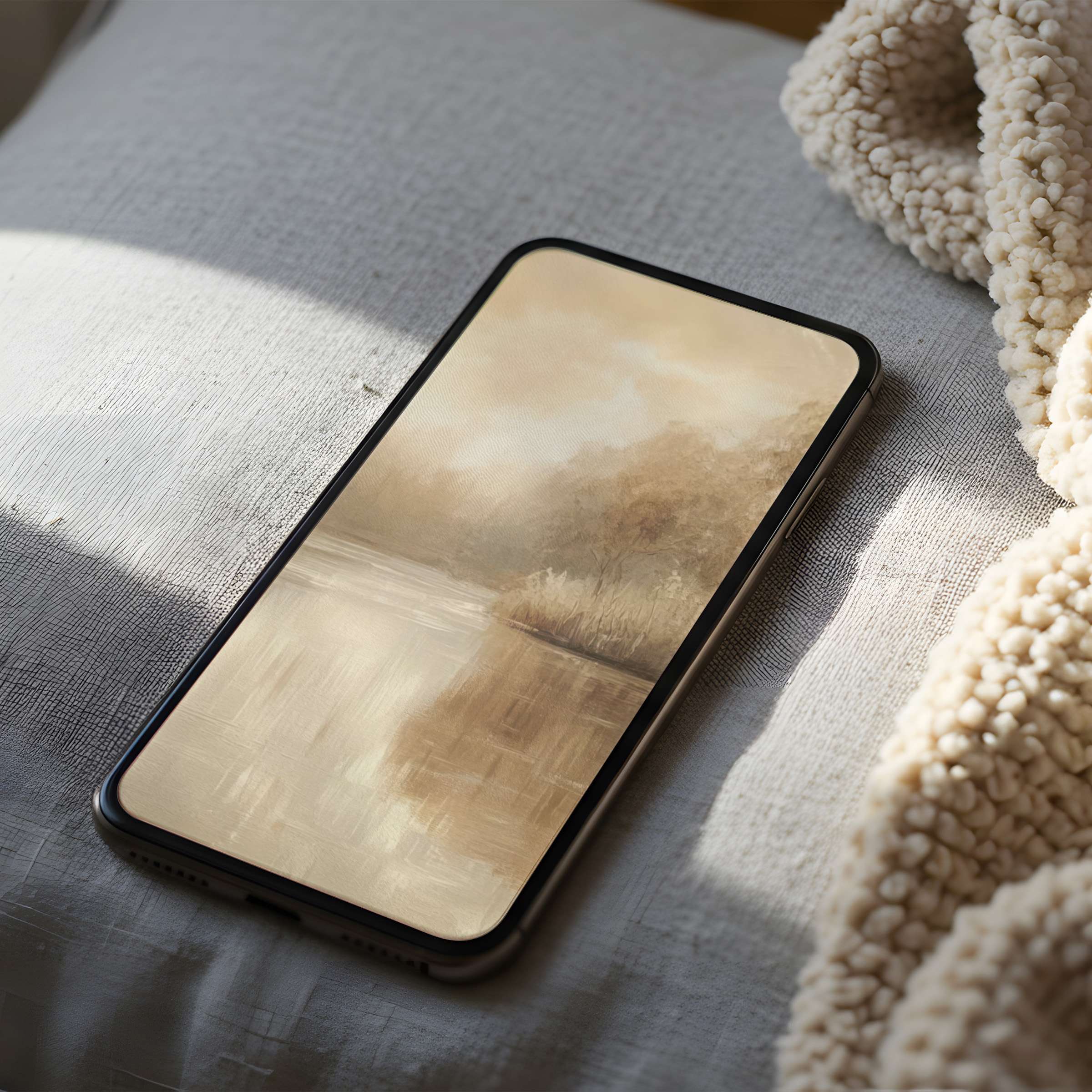 Serene landscape phone wallpaper in soft earth tones exudes tranquility, perfect for iPhone and android, offering calming digital download