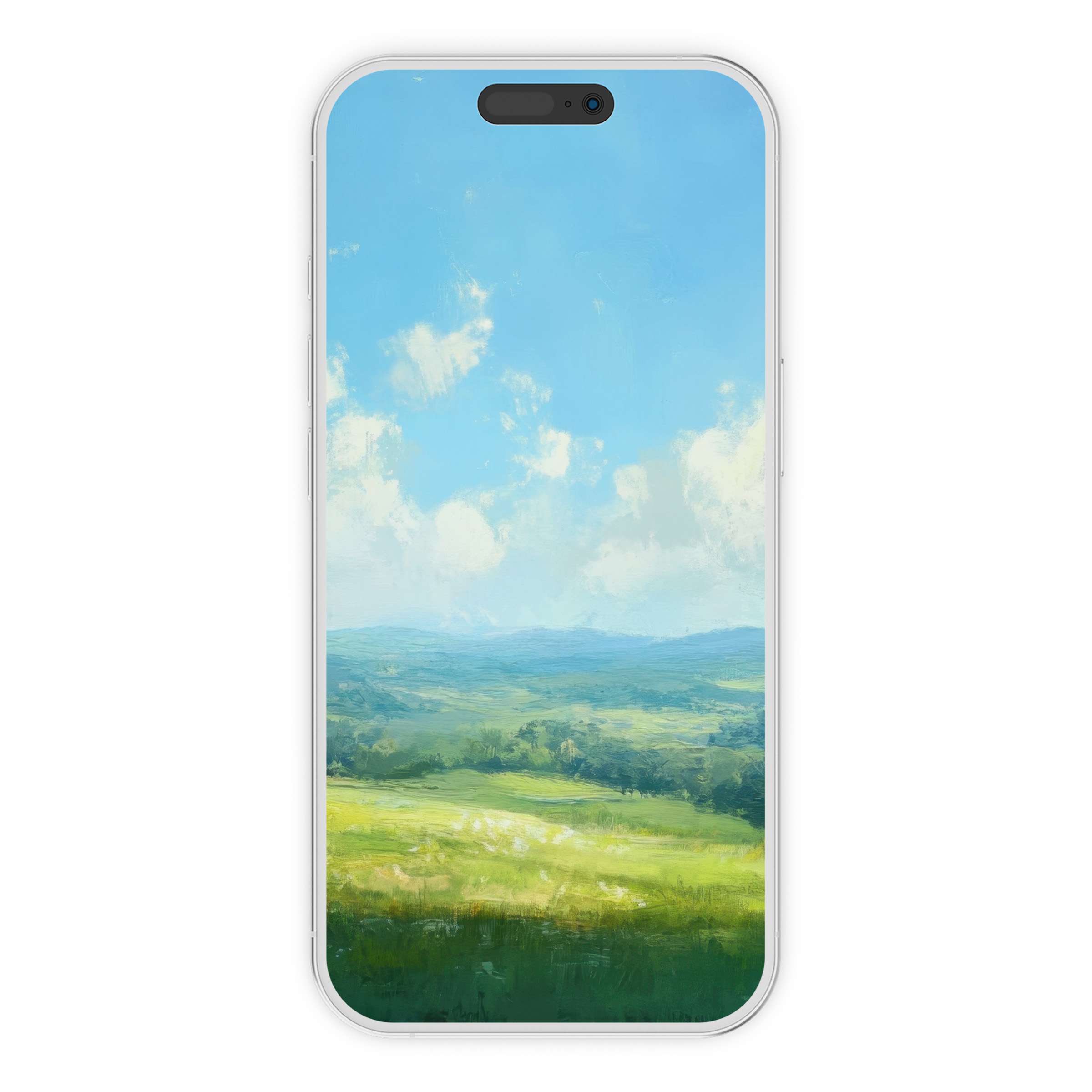 Vibrant landscape iPhone wallpaper with serene blue sky and green hills, a digital download for calming phone background aesthetics