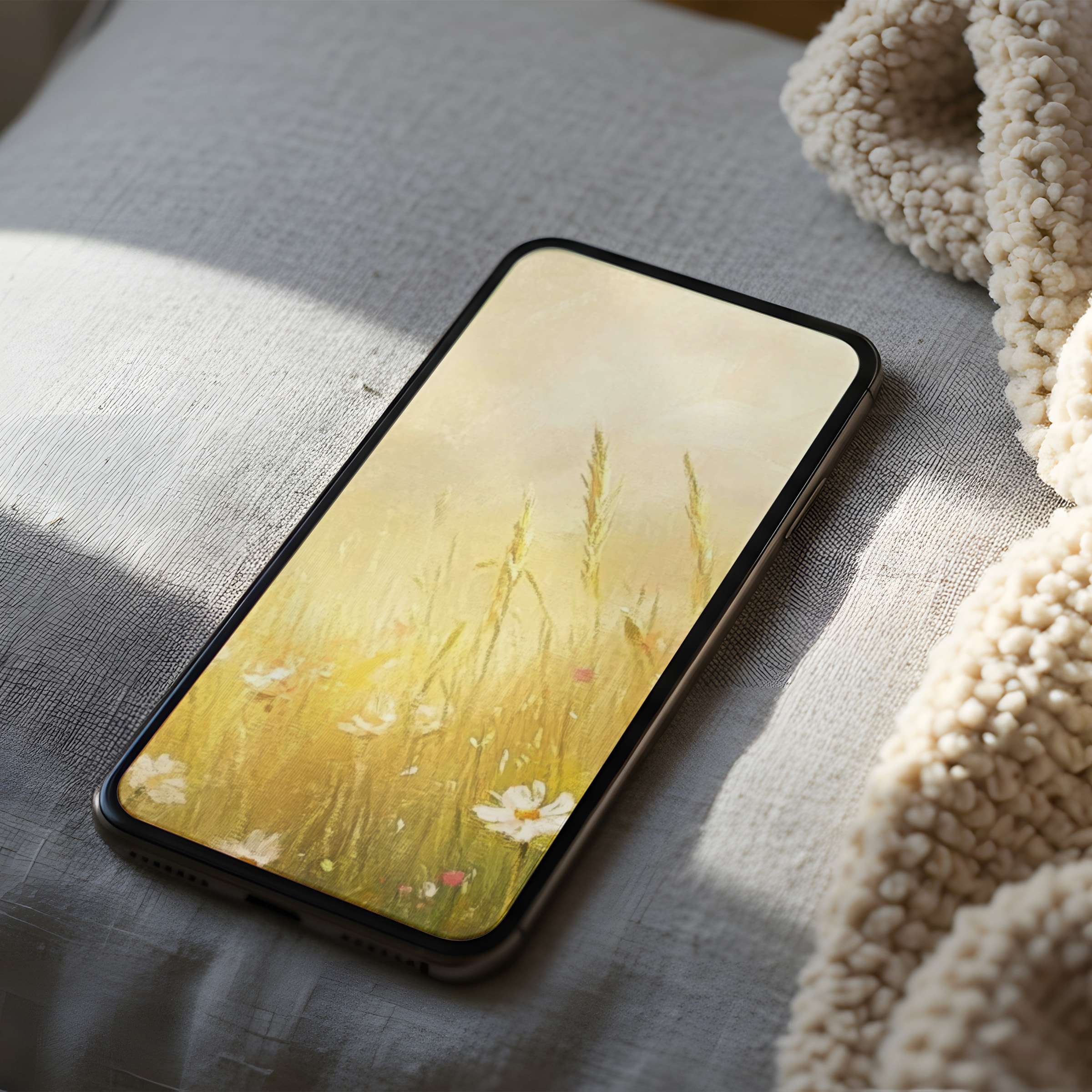Elegant phone wallpaper featuring a serene watercolor meadow, perfect for sustainable design on iPhone or Android with high resolution download